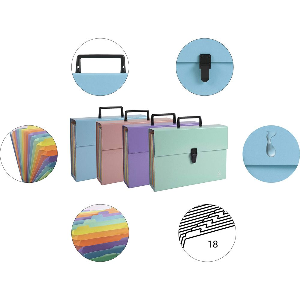 Pastelowe foldery z uchwytami i zapięciami, zbliżenia przegródek.