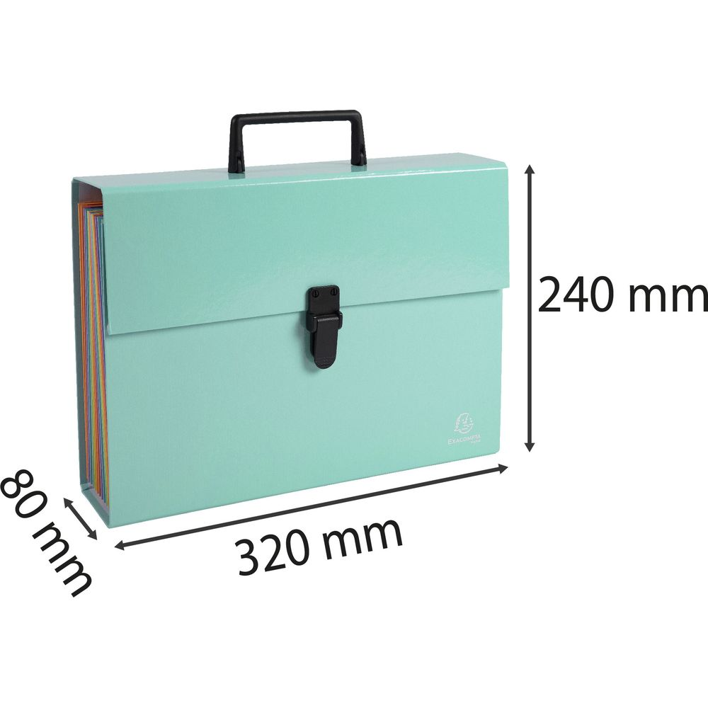 Turkusowa teczka harmonijkowa z rączką. Wymiary 320x240x80mm.