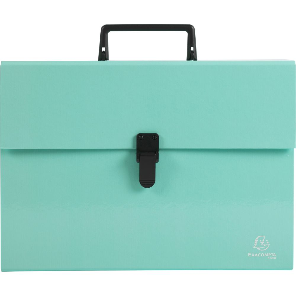 Turkusowa teczka z czarną rączką i zapięciem.
