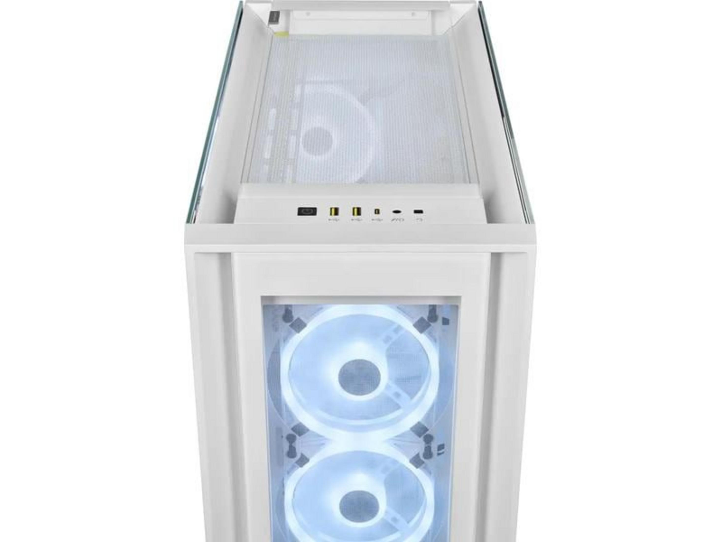 Biała obudowa komputera PC z szklanym frontem i podświetlanymi wentylatorami.