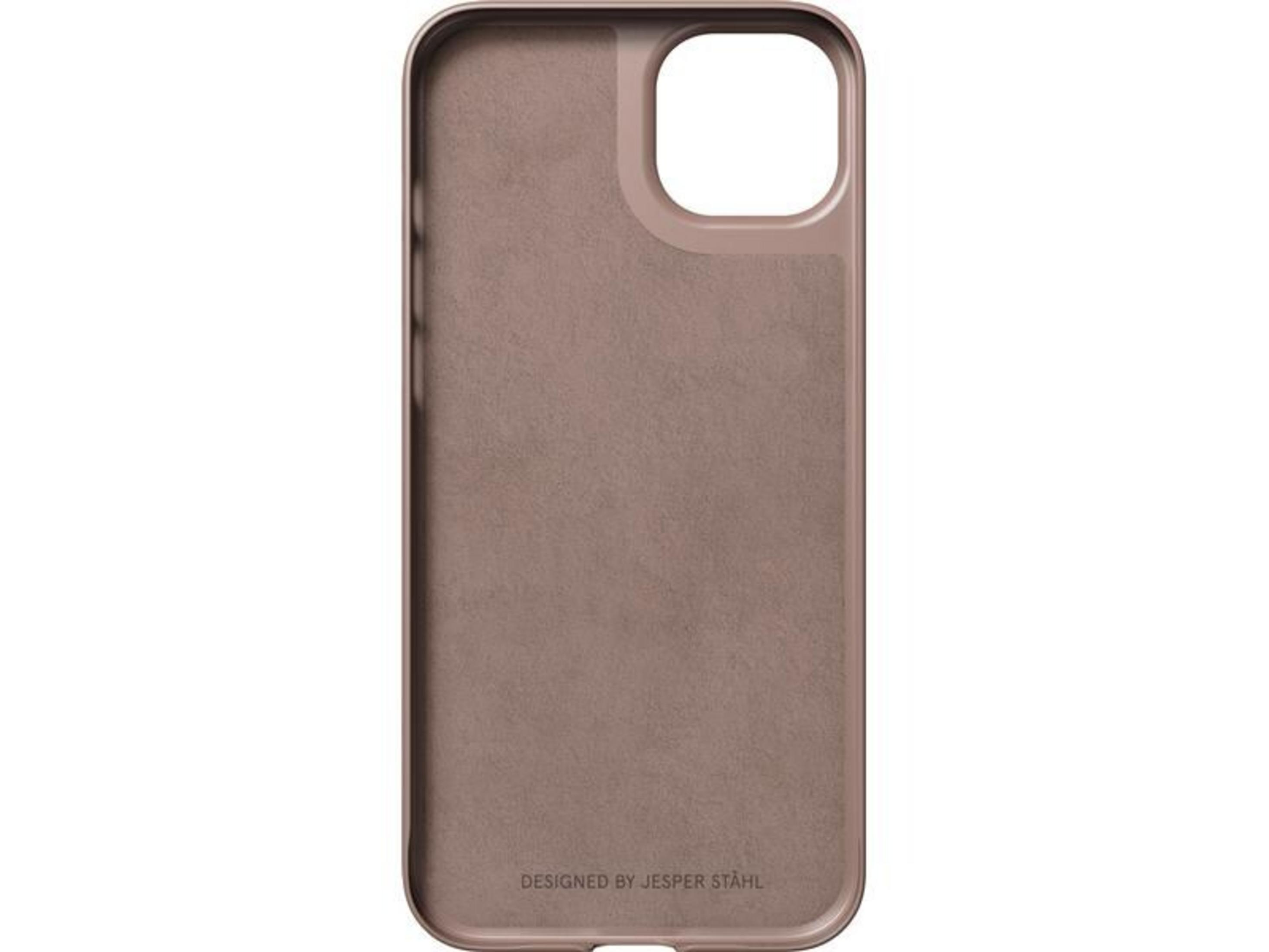 Brązowe etui na telefon z wycięciem na aparat i napisem.