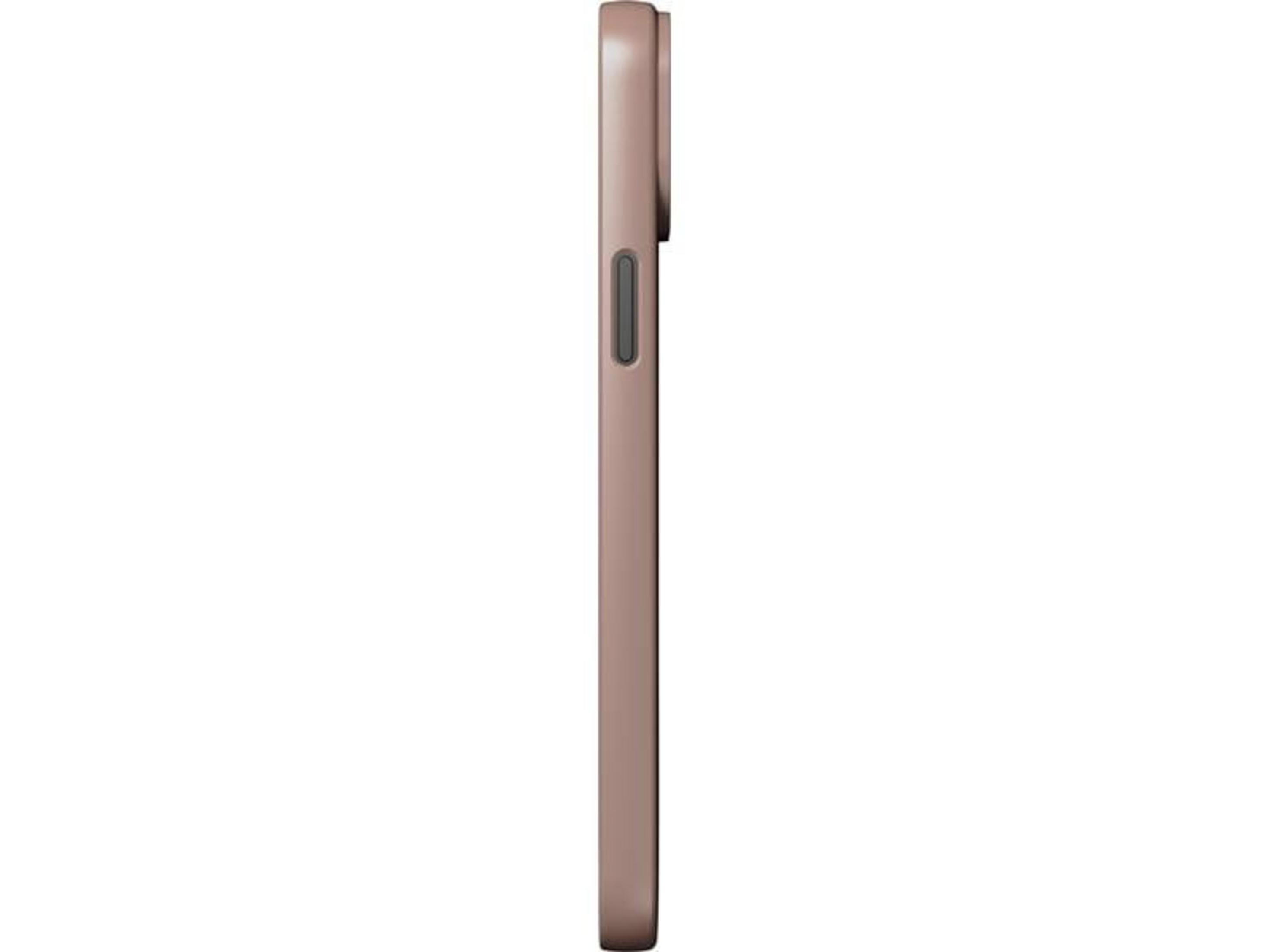 Różowy smartfon widoczny z profilu na białym tle.