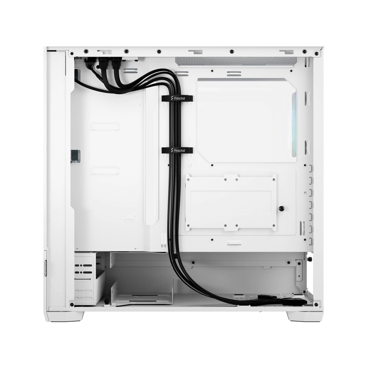 Vue intérieure d'un boîtier PC blanc avec gestion des câbles et ports.