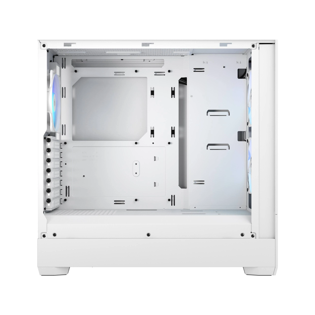 Vue intérieure d'un boîtier PC blanc, montrant les ventilateurs et la gestion des câbles.