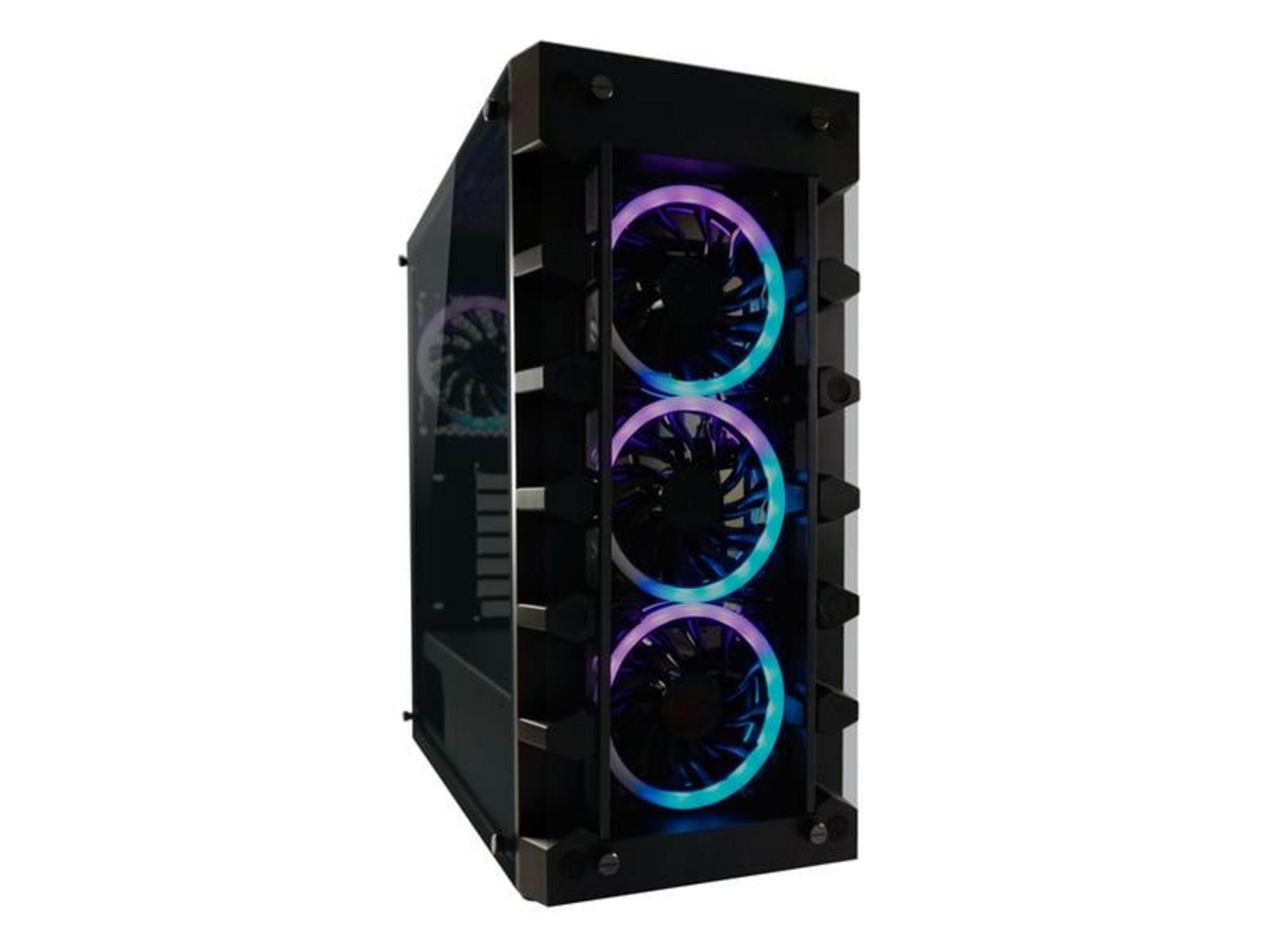 Czarna obudowa PC z trzema wentylatorami RGB z przodu.