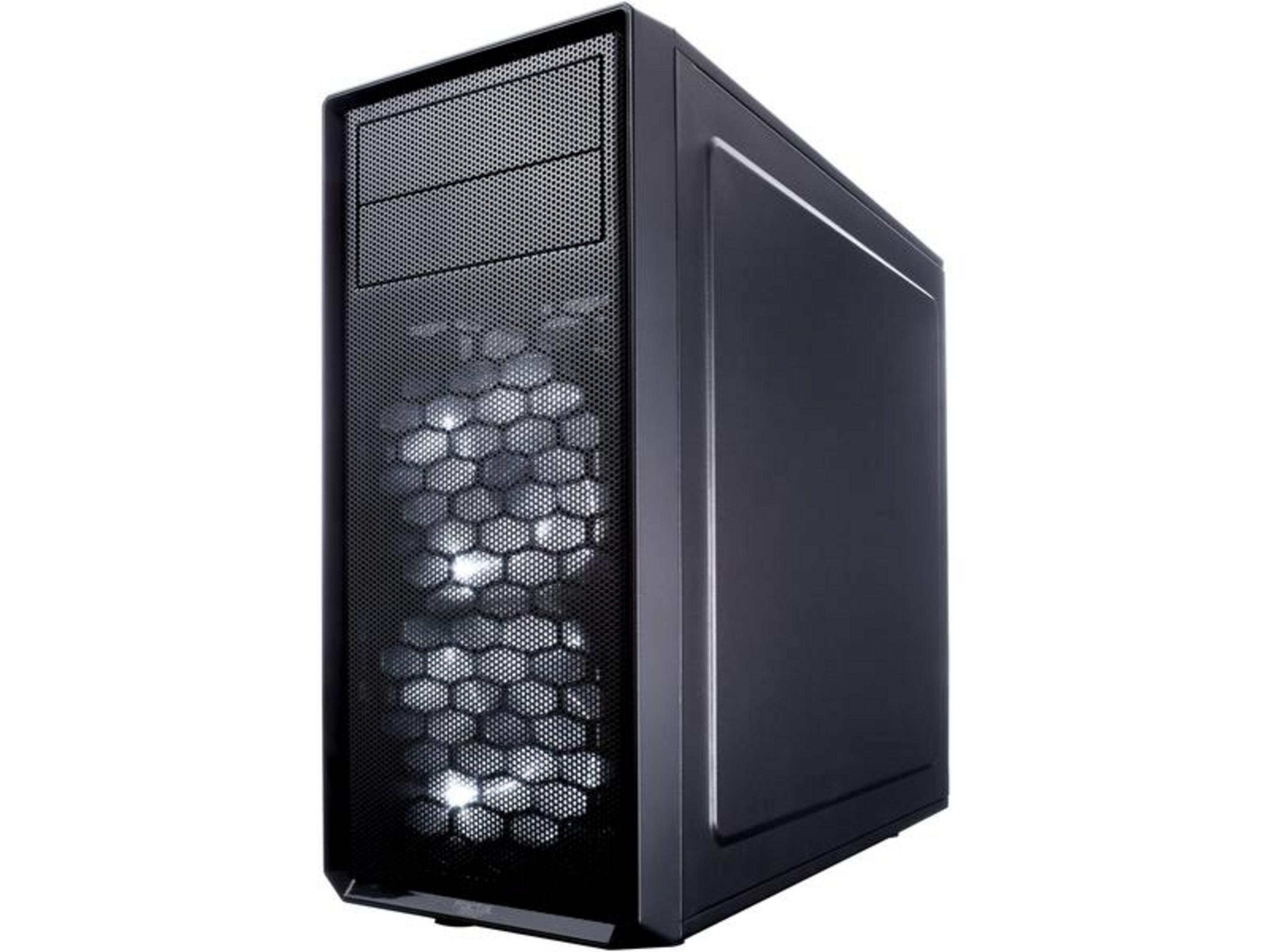 Schwarzes PC-Gehäuse mit perforierter Front und blau leuchtenden Lüftern.