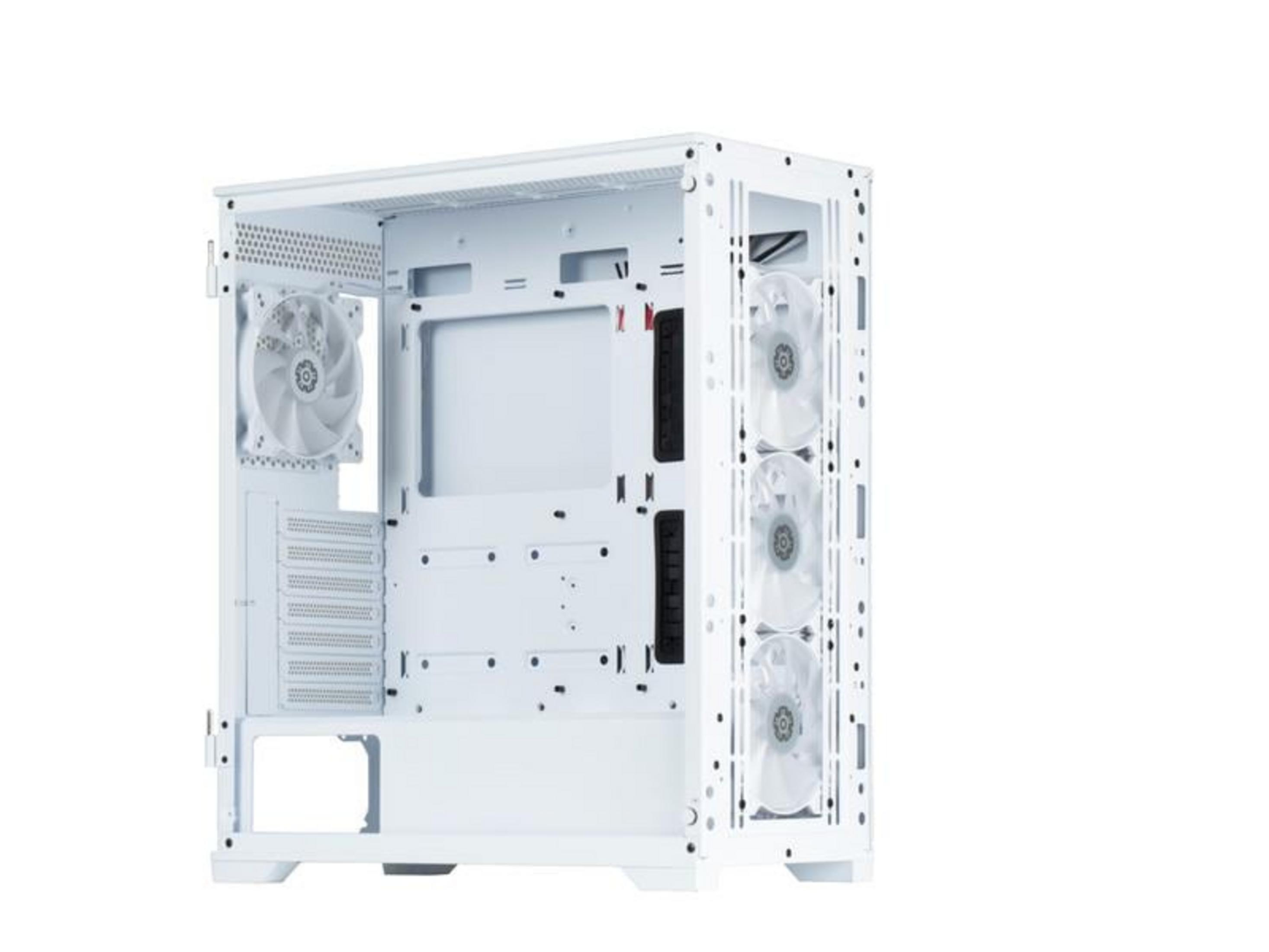 Biała obudowa komputera z wentylatorami i otworami wentylacyjnymi.