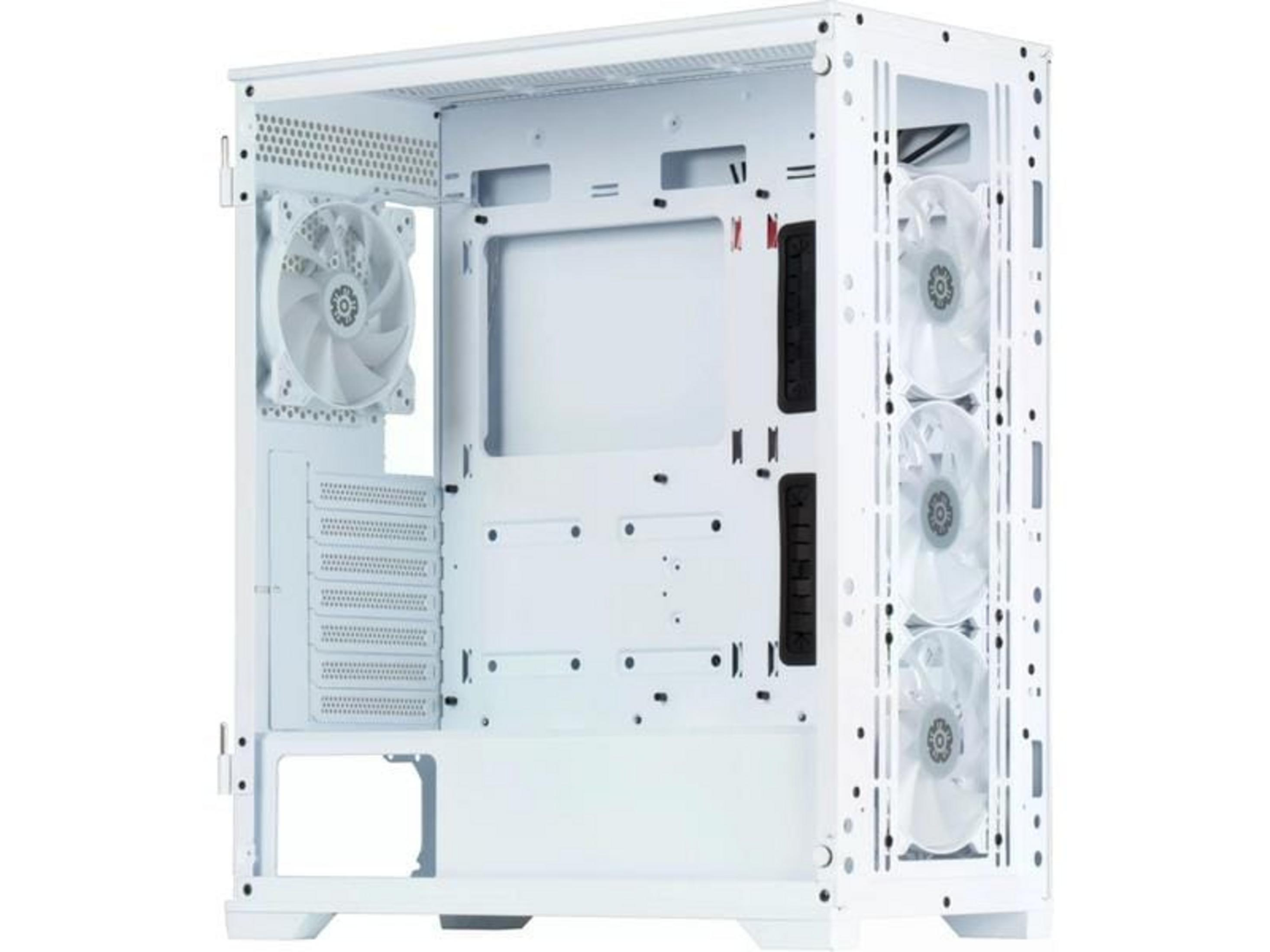 Biała obudowa komputera z wentylatorami i otwartymi panelami bocznymi.
