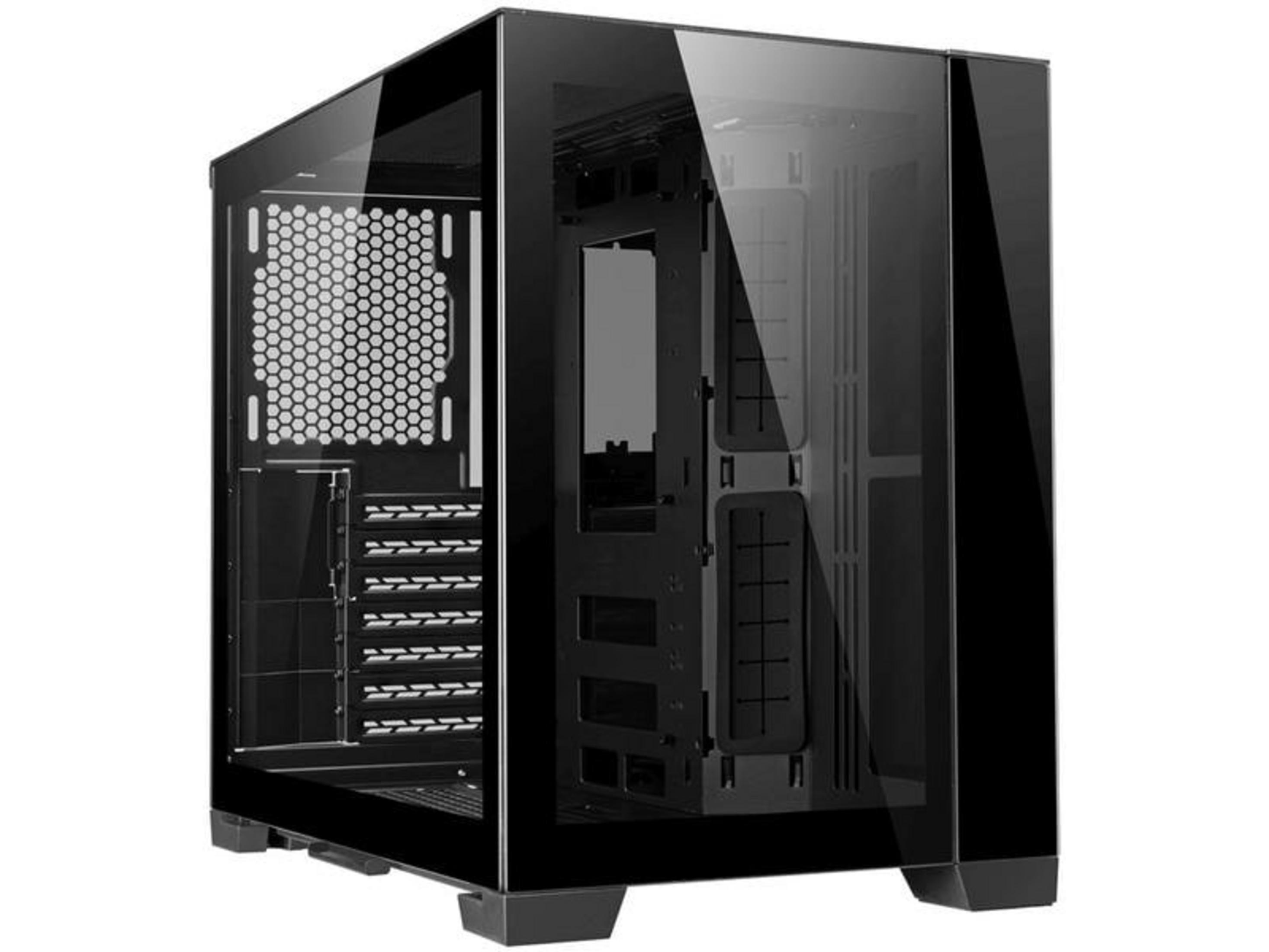 Un case per computer nero con frontale in vetro e griglia di ventilazione.