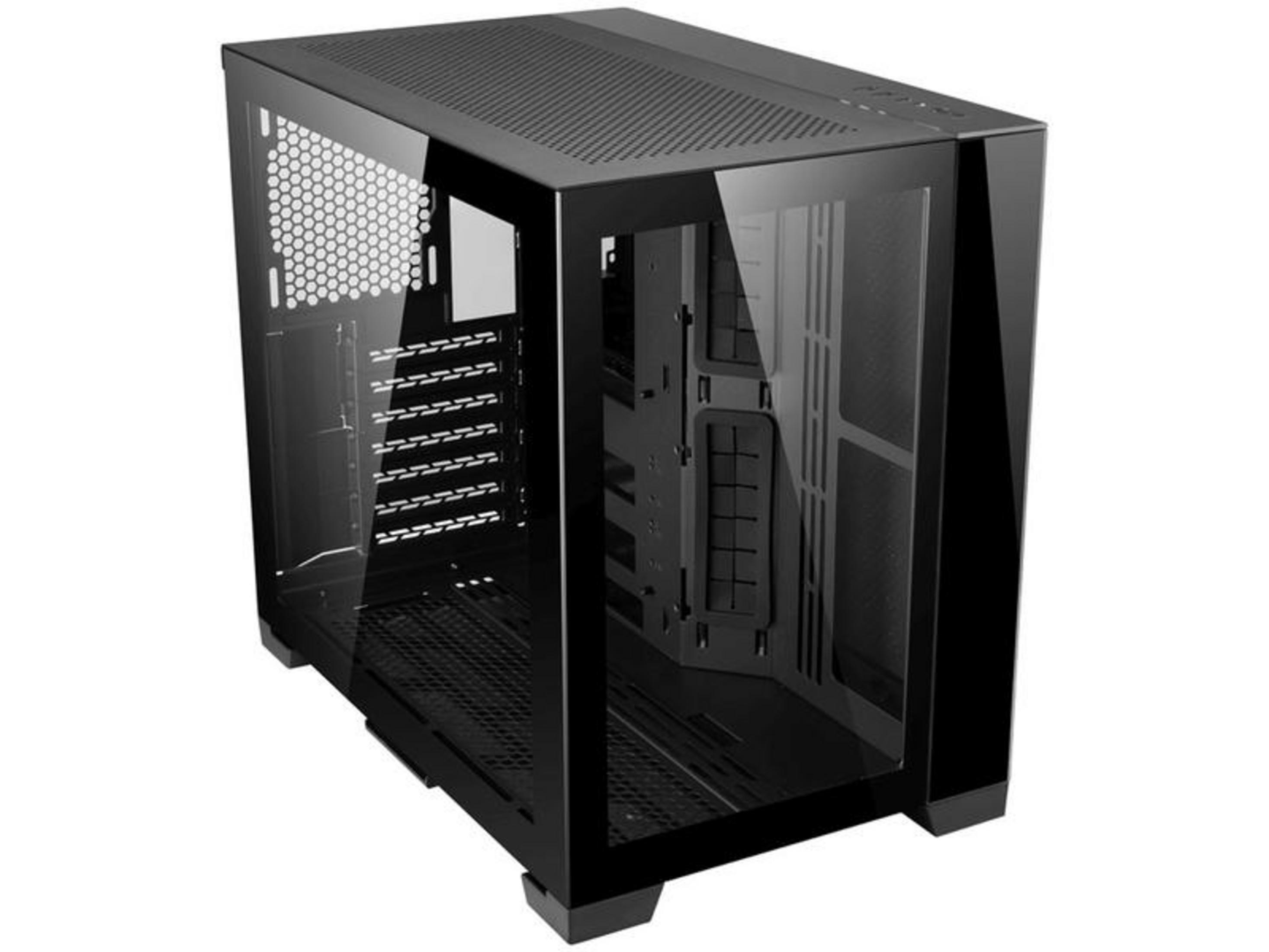 Un case per computer nero con pannello frontale e laterale in vetro.