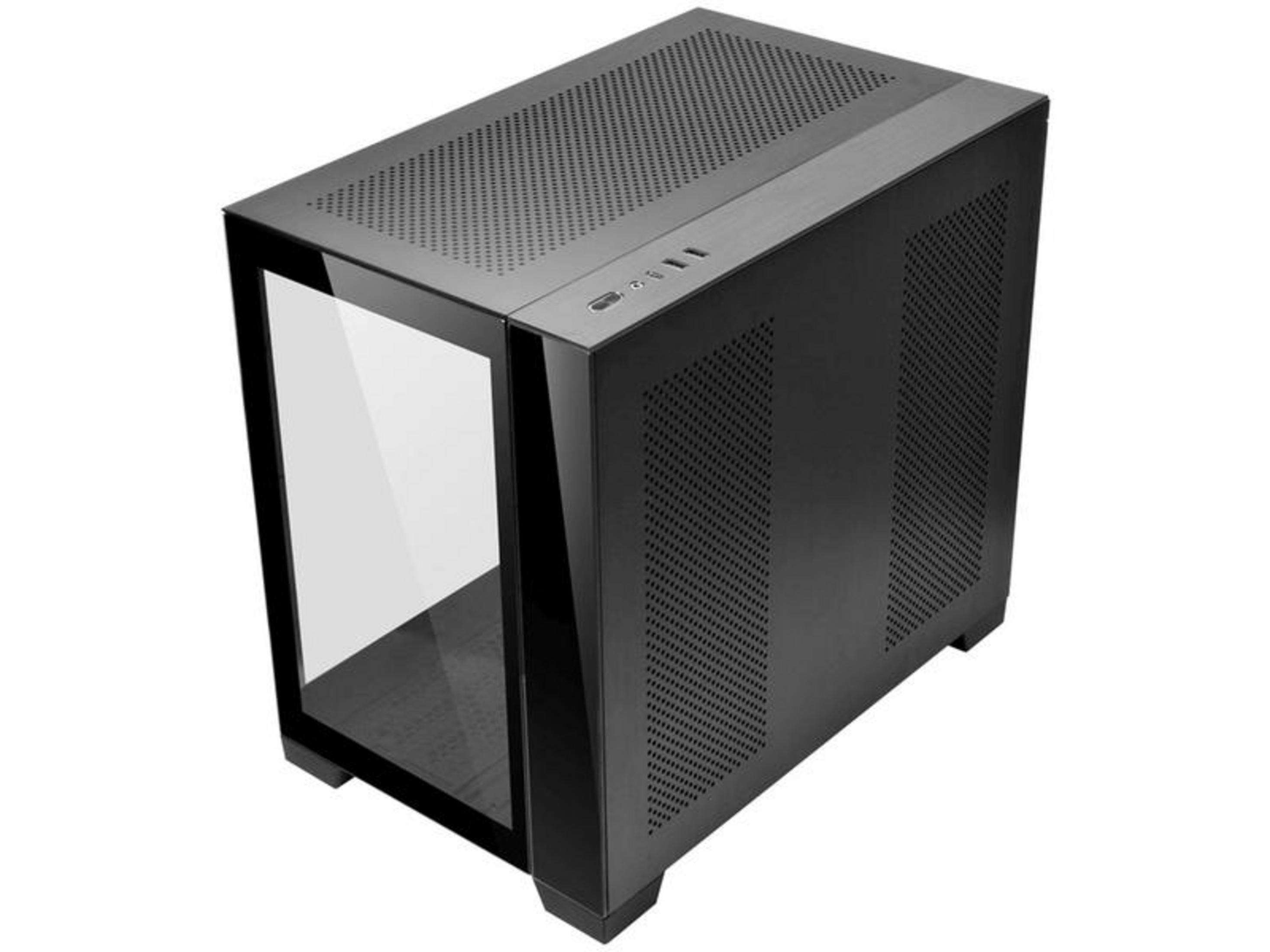 Case del computer nero con frontale in vetro e lati perforati.