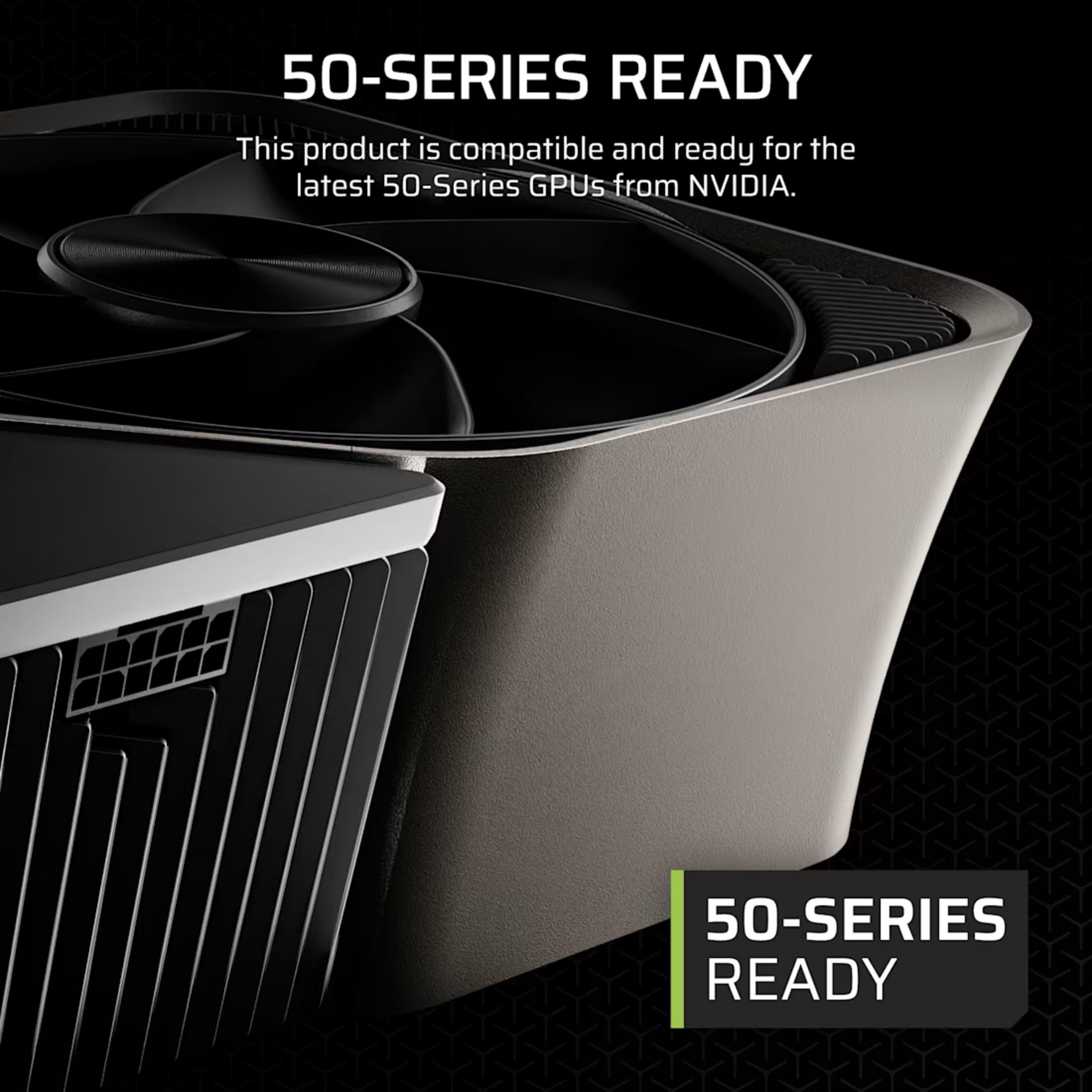 Część karty graficznej NVIDIA serii 50 z wentylatorem i żeberkami chłodzącymi.