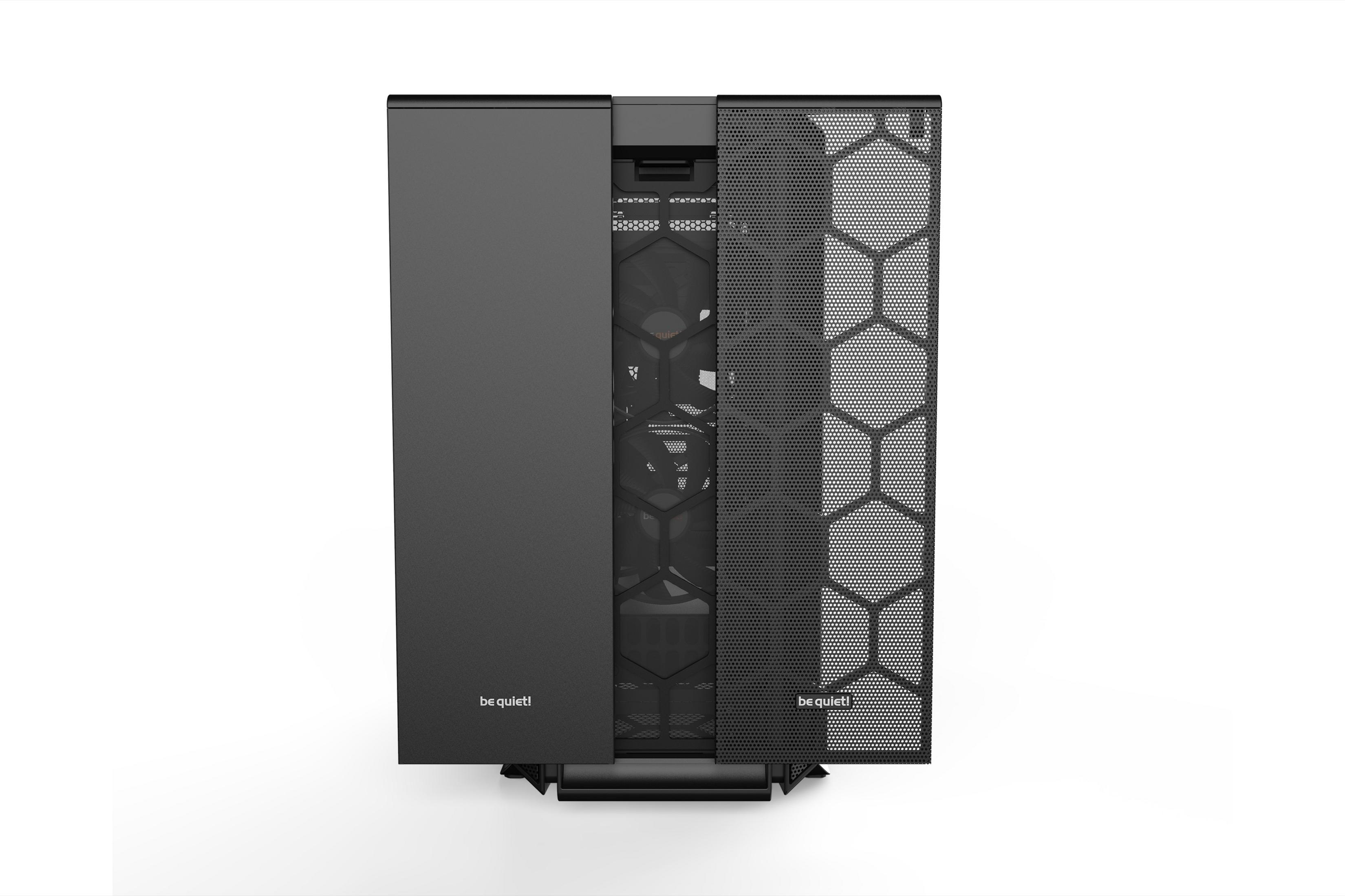 Ein schwarzes PC-Gehäuse mit einer glatten Front und einer perforierten Seite.