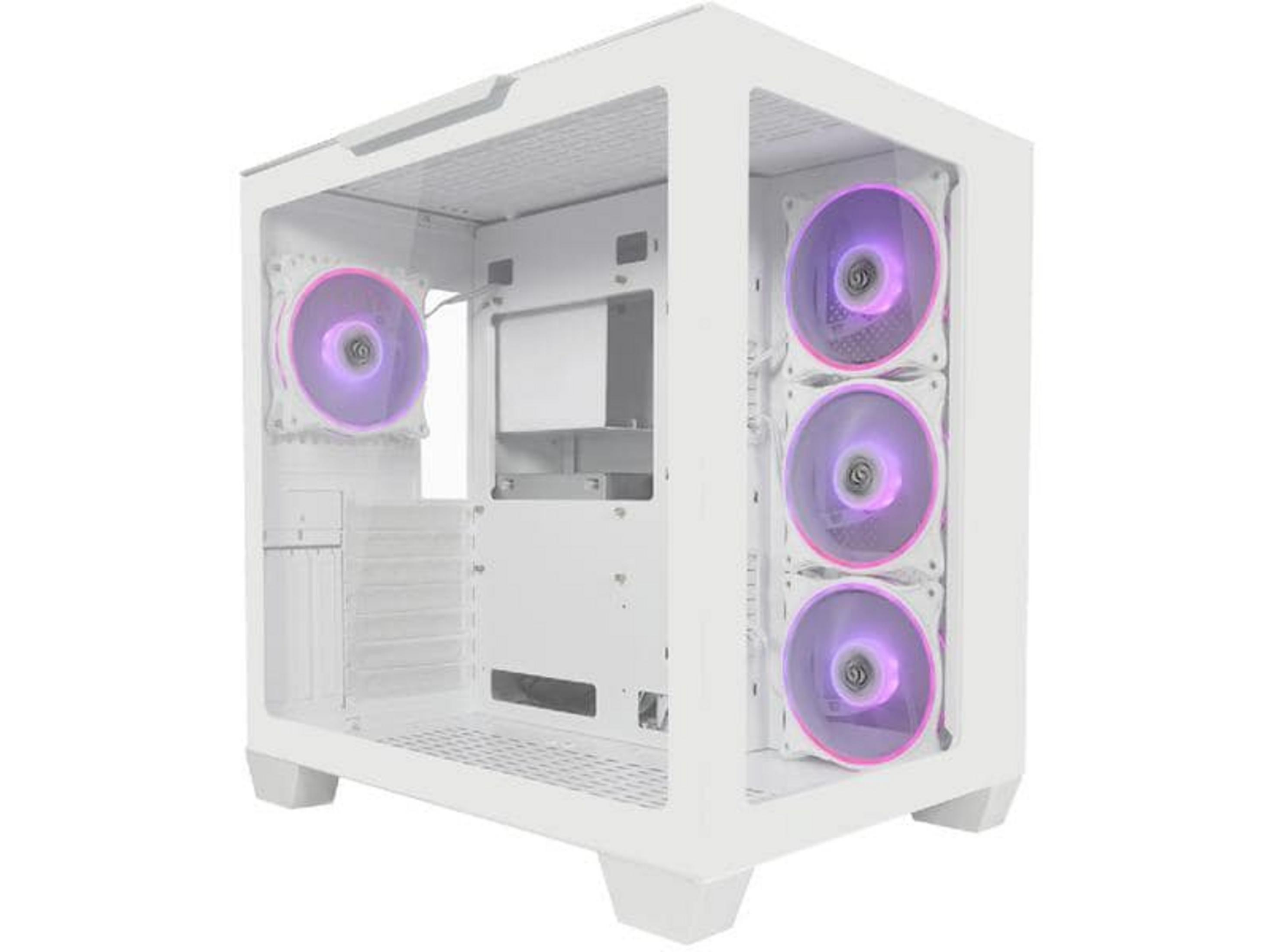 Ein weißes Computergehäuse mit drei lila beleuchteten Lüftern an der Seite.