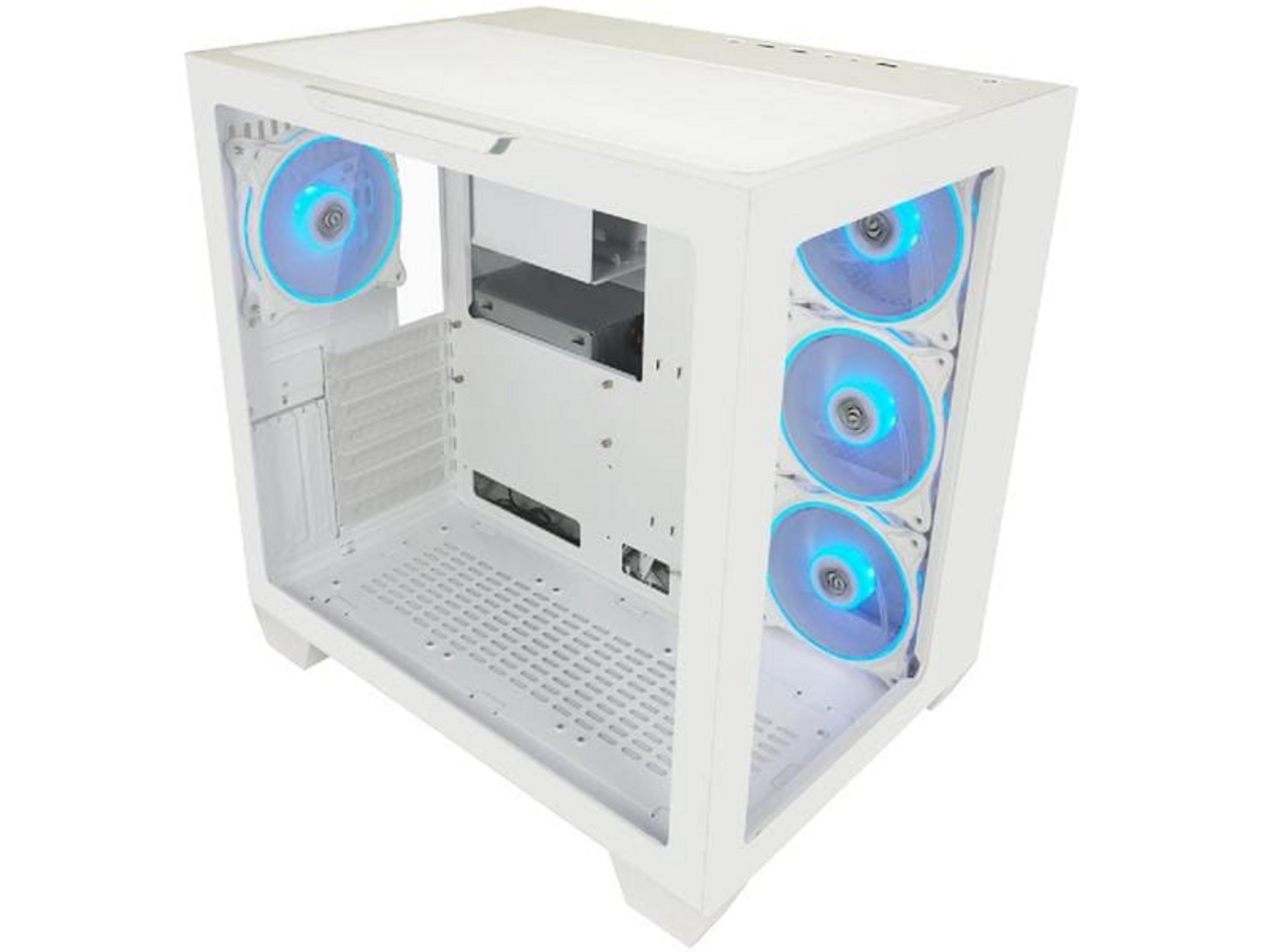 Ein weißes Computergehäuse mit blauen Lüftern und Glasseiten.