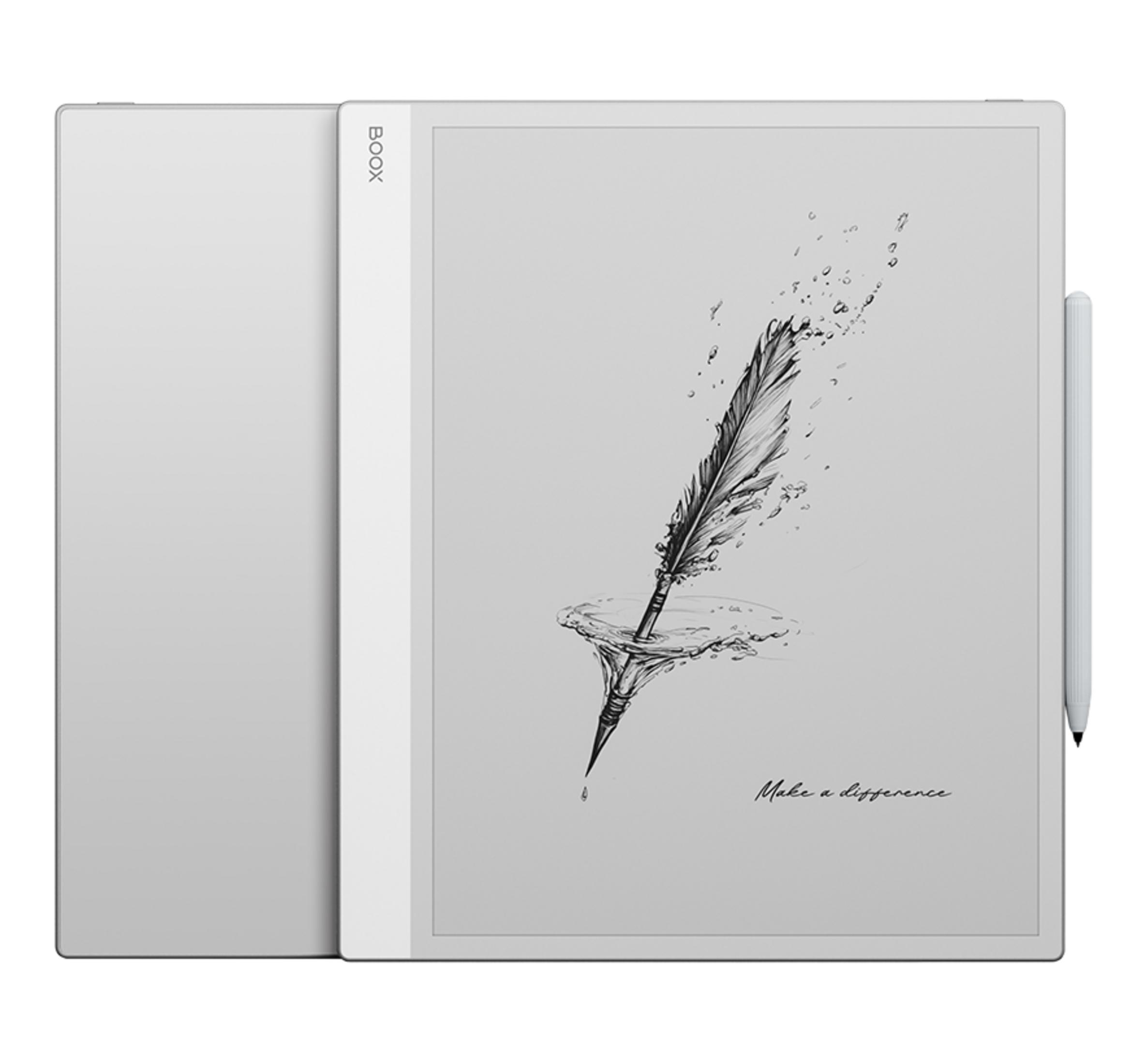 Czytnik e-booków ze stylusem. Na ekranie rysunek pióra w wodzie.