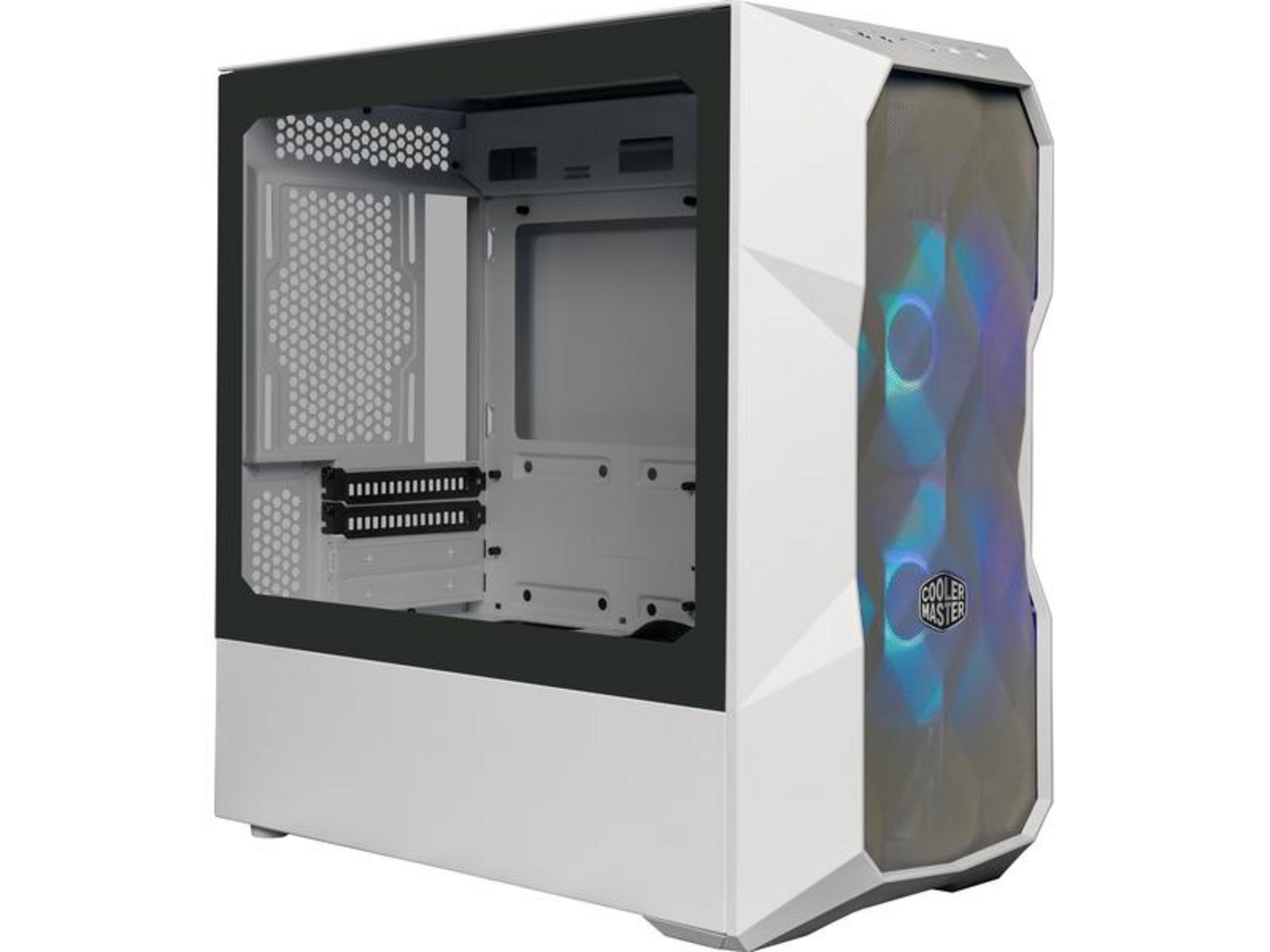 Witte pc-behuizing met RGB-ventilatoren en glazen zijpaneel.