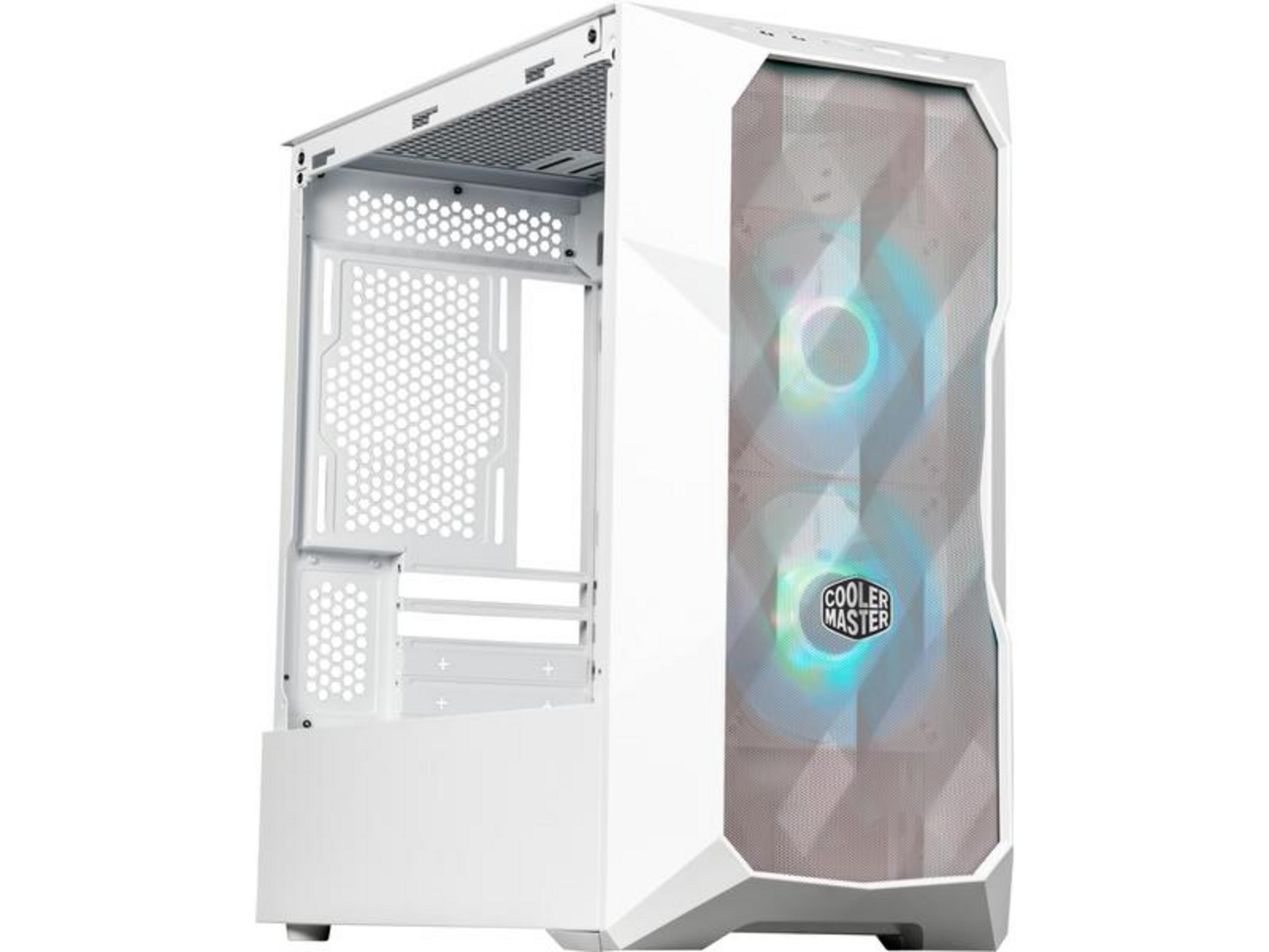 Een witte computerkast met ventilatoren en RGB-verlichting.