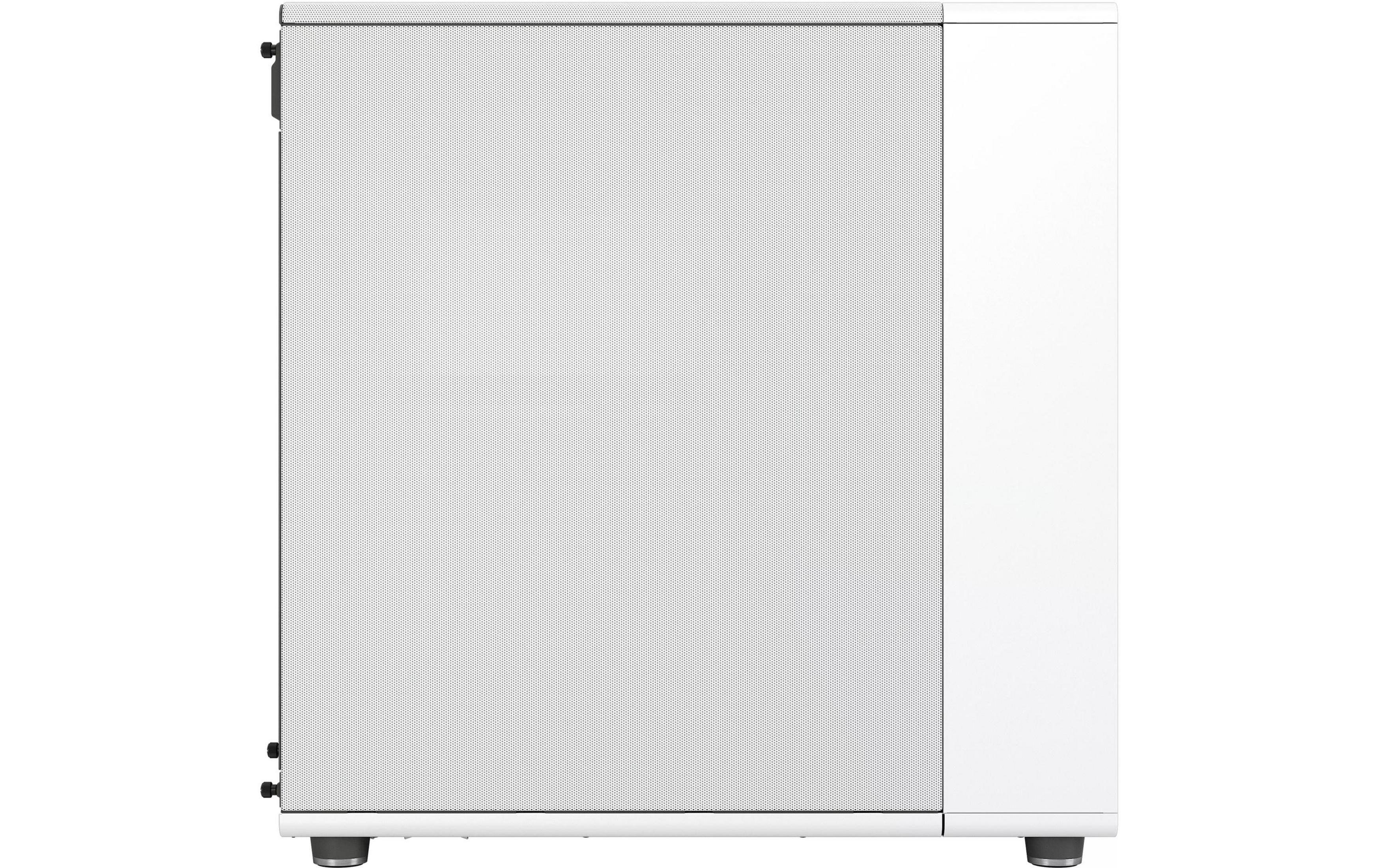 A white computer case with a perforated side panel and black feet.