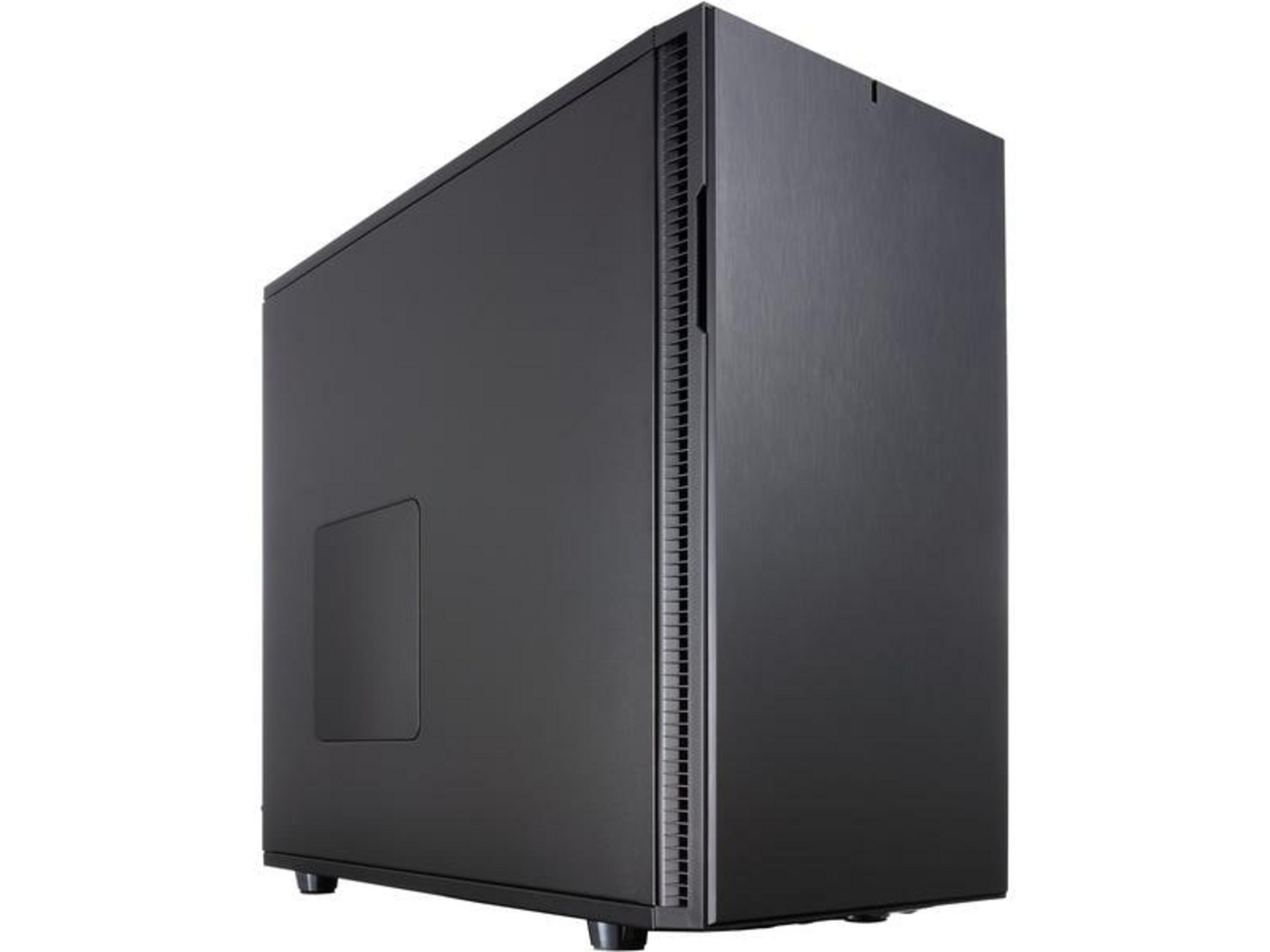 Un case per computer nero con fessure di ventilazione sul lato.