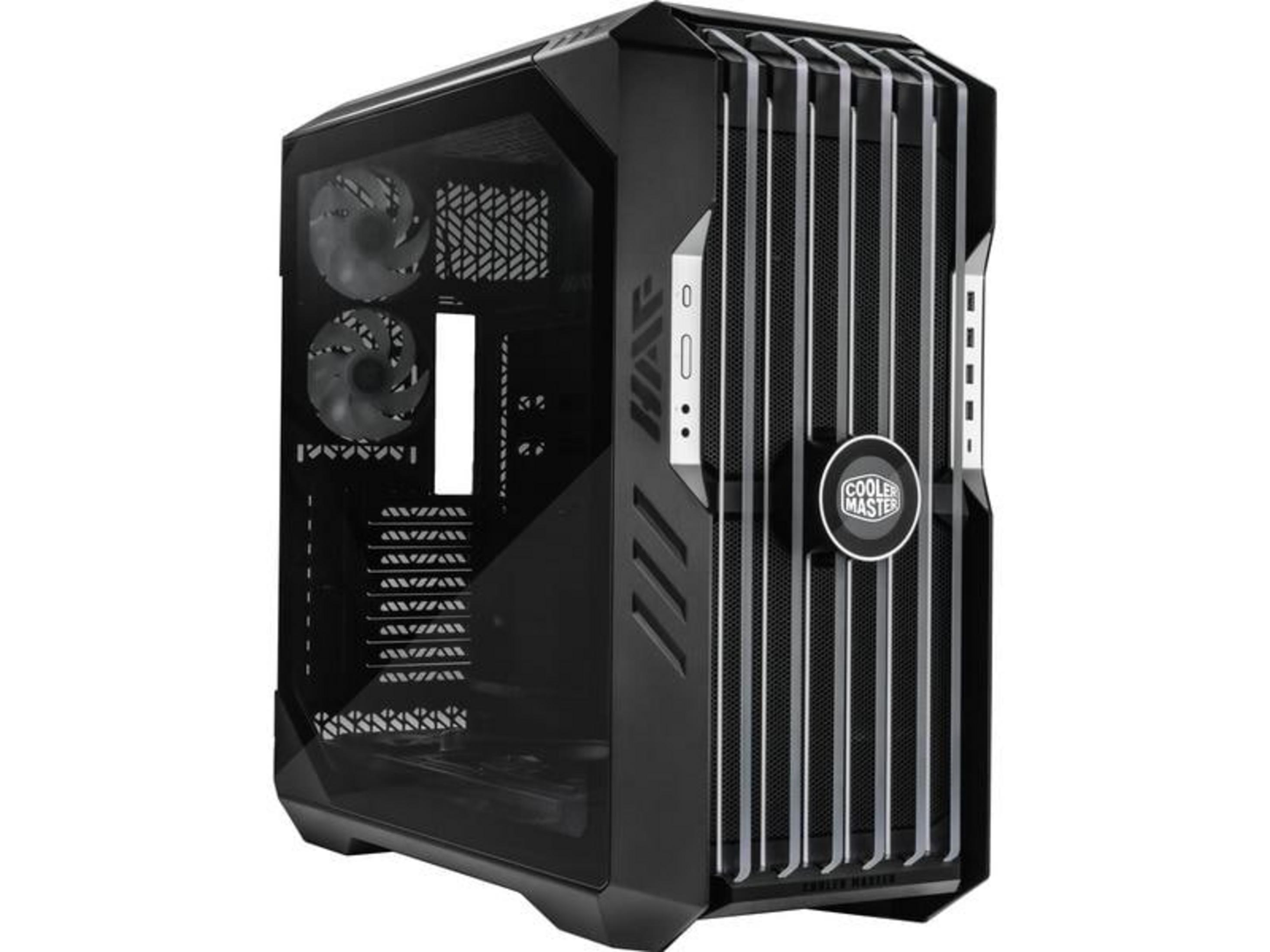 Czarna obudowa komputera z szklanym panelem bocznym i wentylatorami.