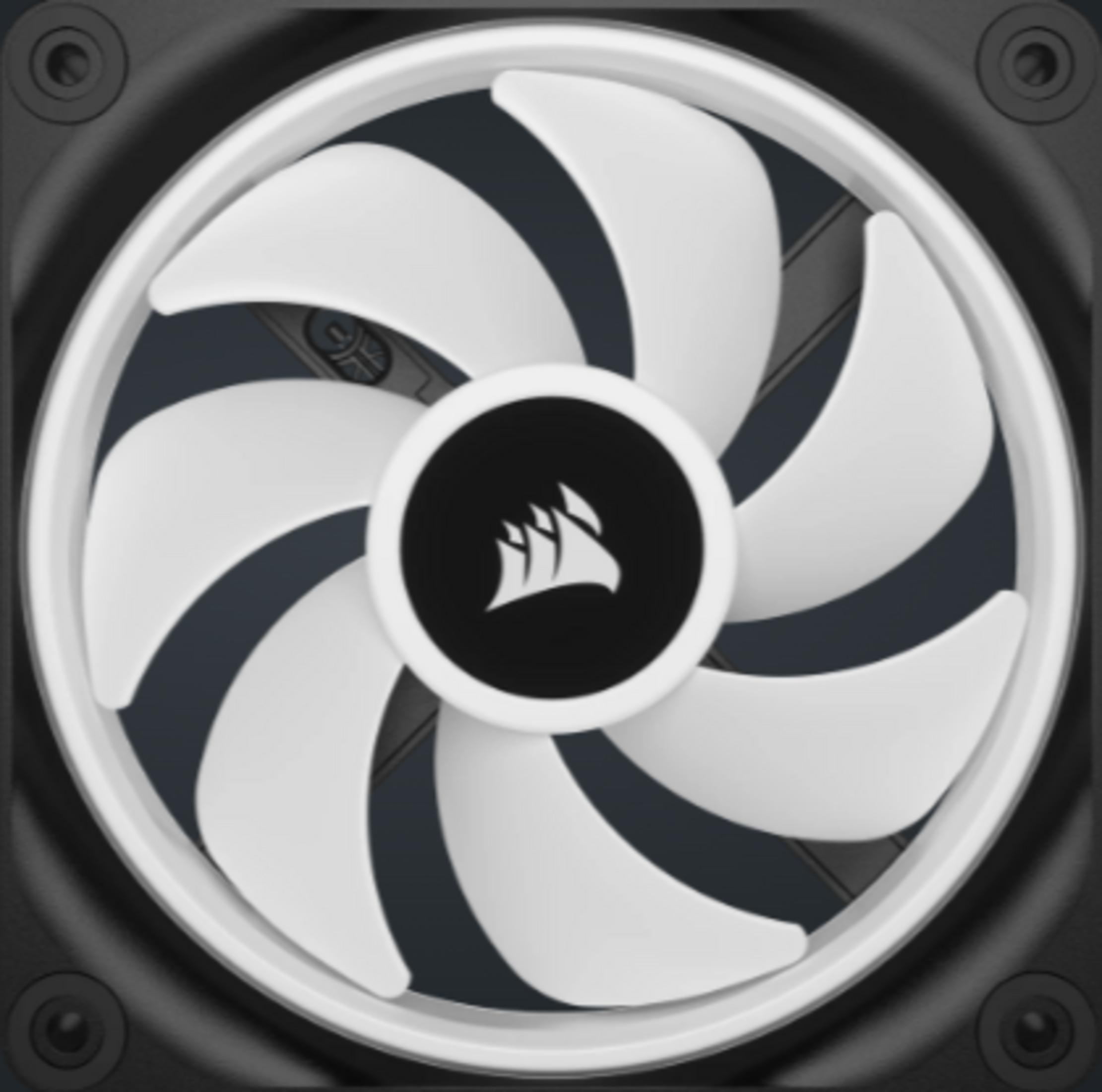 Un ventilateur PC blanc avec logo noir au centre sur fond sombre.
