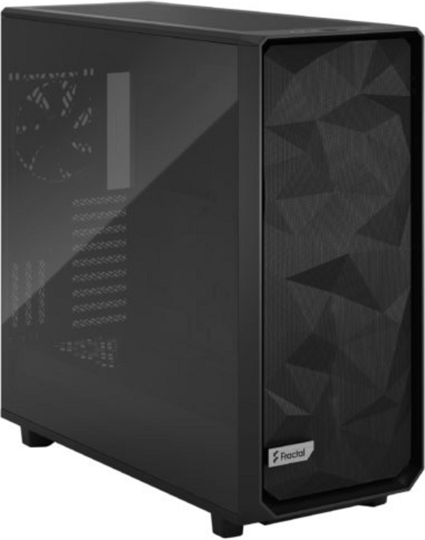 Case PC Fractal nero con pannello laterale in vetro e frontale geometrico.