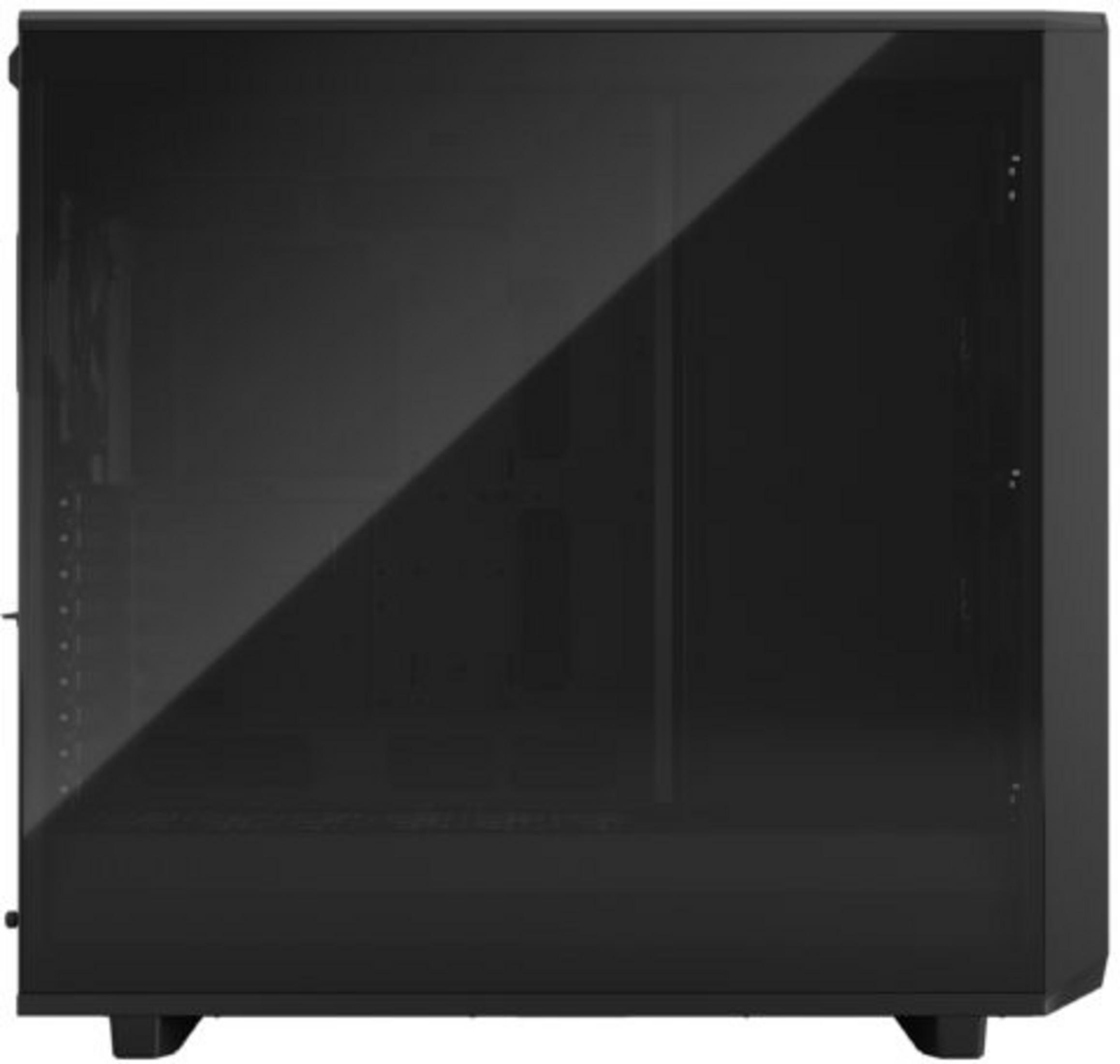 Case per computer nero con pannello laterale in vetro fumé e piedini argentati.