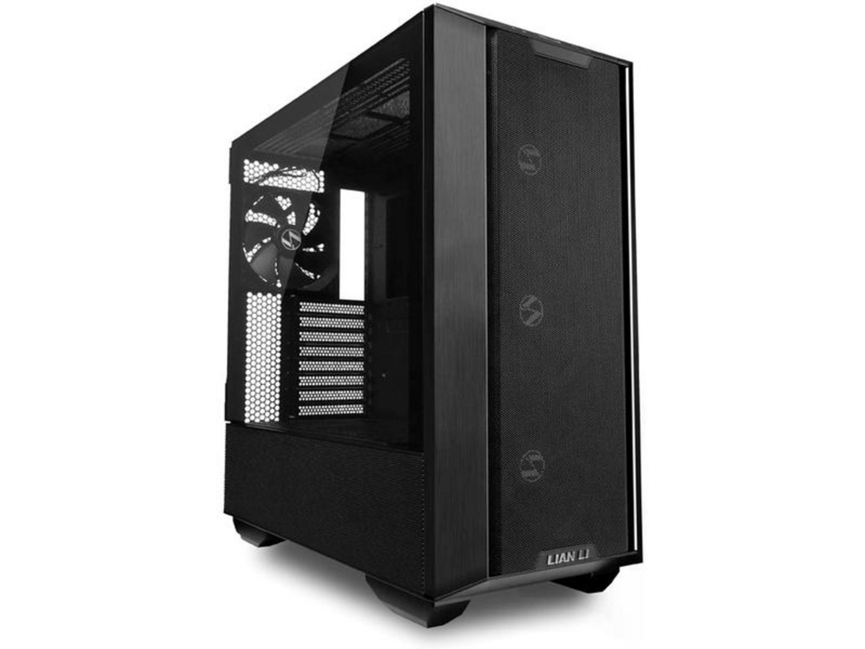 Czarna obudowa PC z szklanym oknem i wentylatorami, logo LIAN LI.