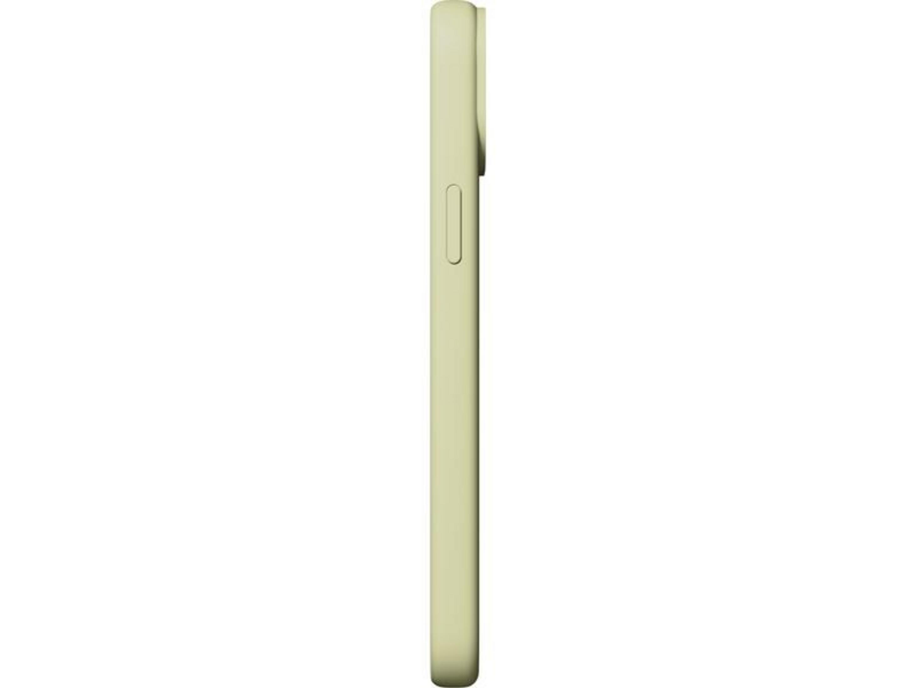Ein hellgelbes Smartphone von der Seite mit einer Taste.