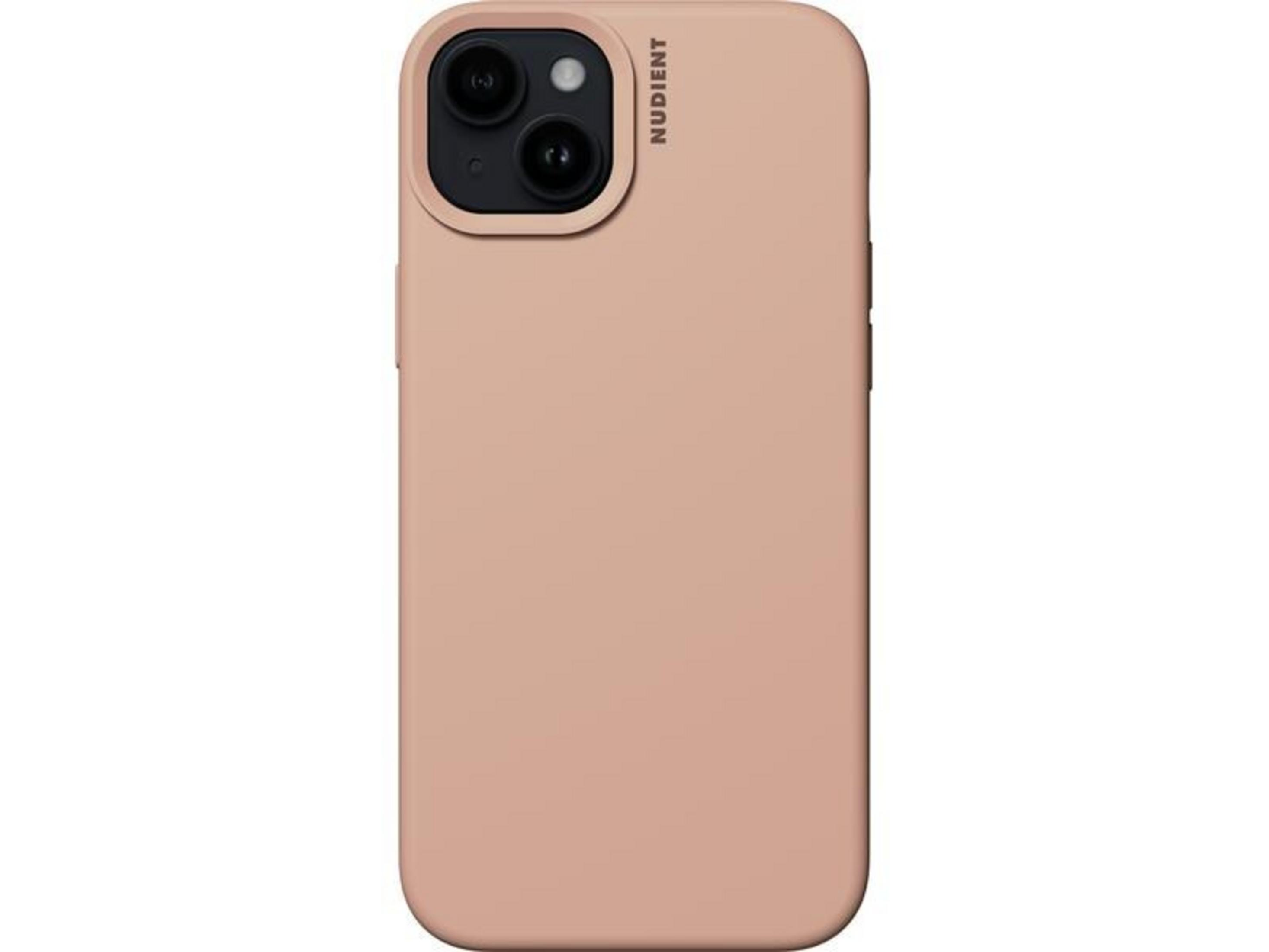 Brzoskwiniowe etui na telefon z wycięciem na aparat i logo NUDIENT.