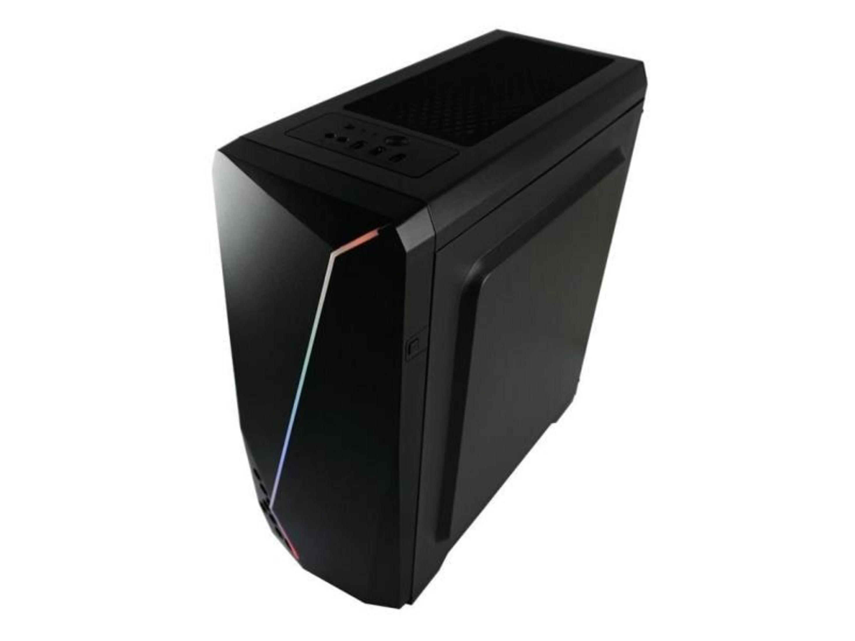 Ein schwarzes PC-Gehäuse mit RGB-Streifen und Lüftungsgitter oben.