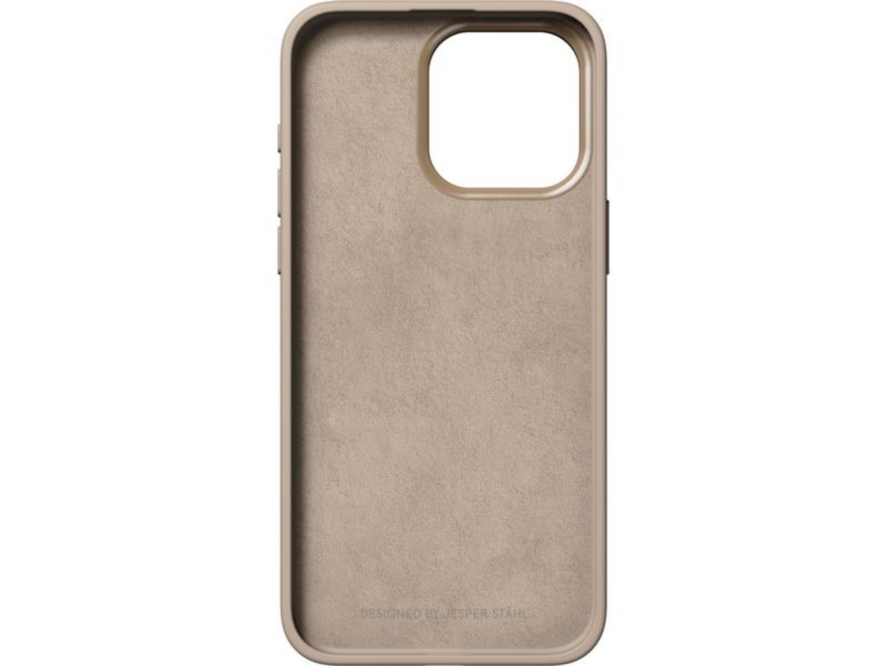 Une coque de téléphone beige avec une découpe rectangulaire pour la caméra.