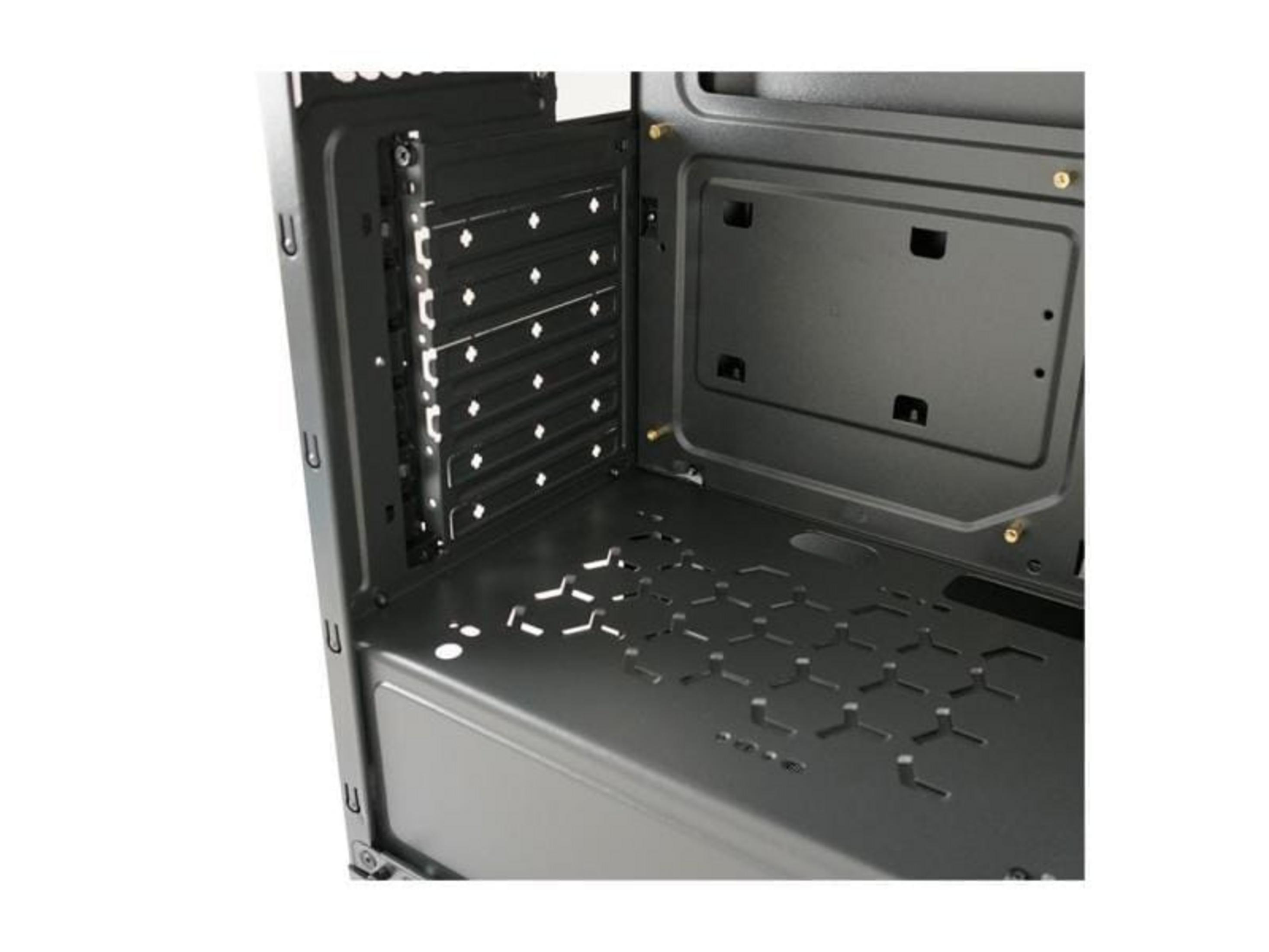 Innenraum eines schwarzen Computergehäuses mit Lüftergittern.