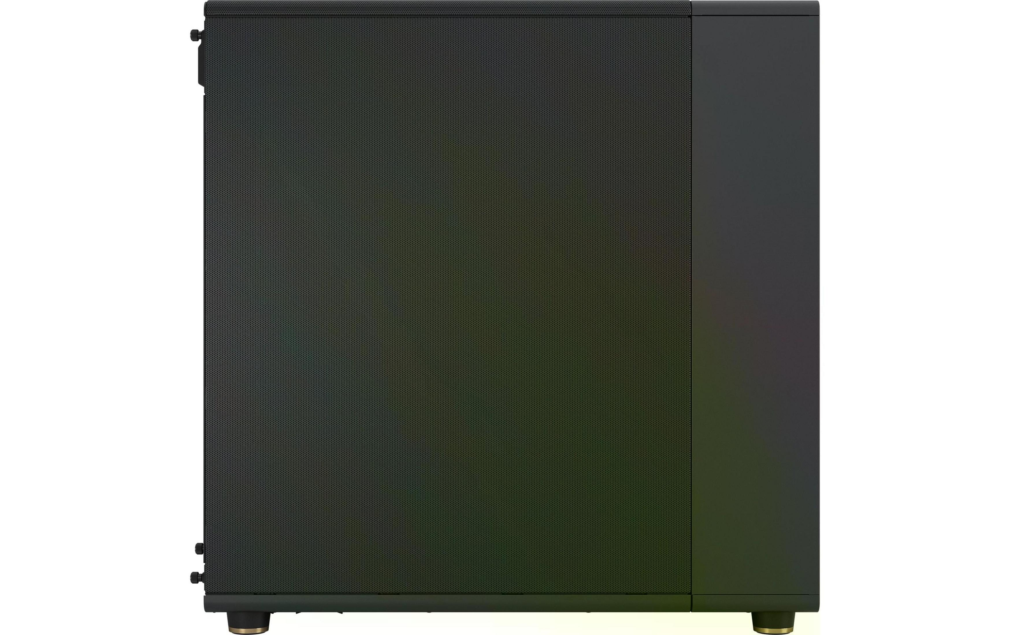 Black PC case with a perforated front panel and a smooth side panel.