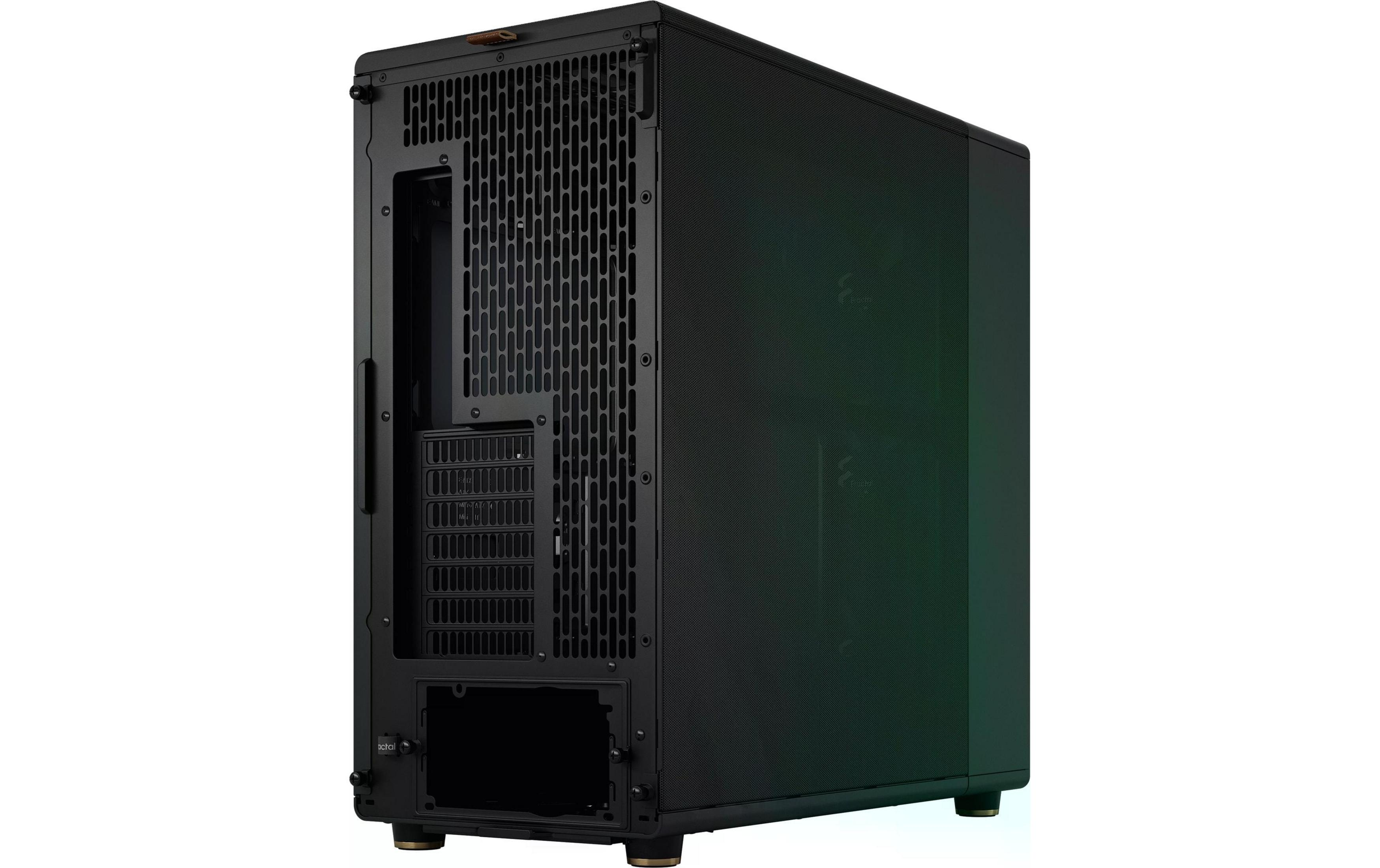 Rear view of a black computer case with ventilation grille and ports.