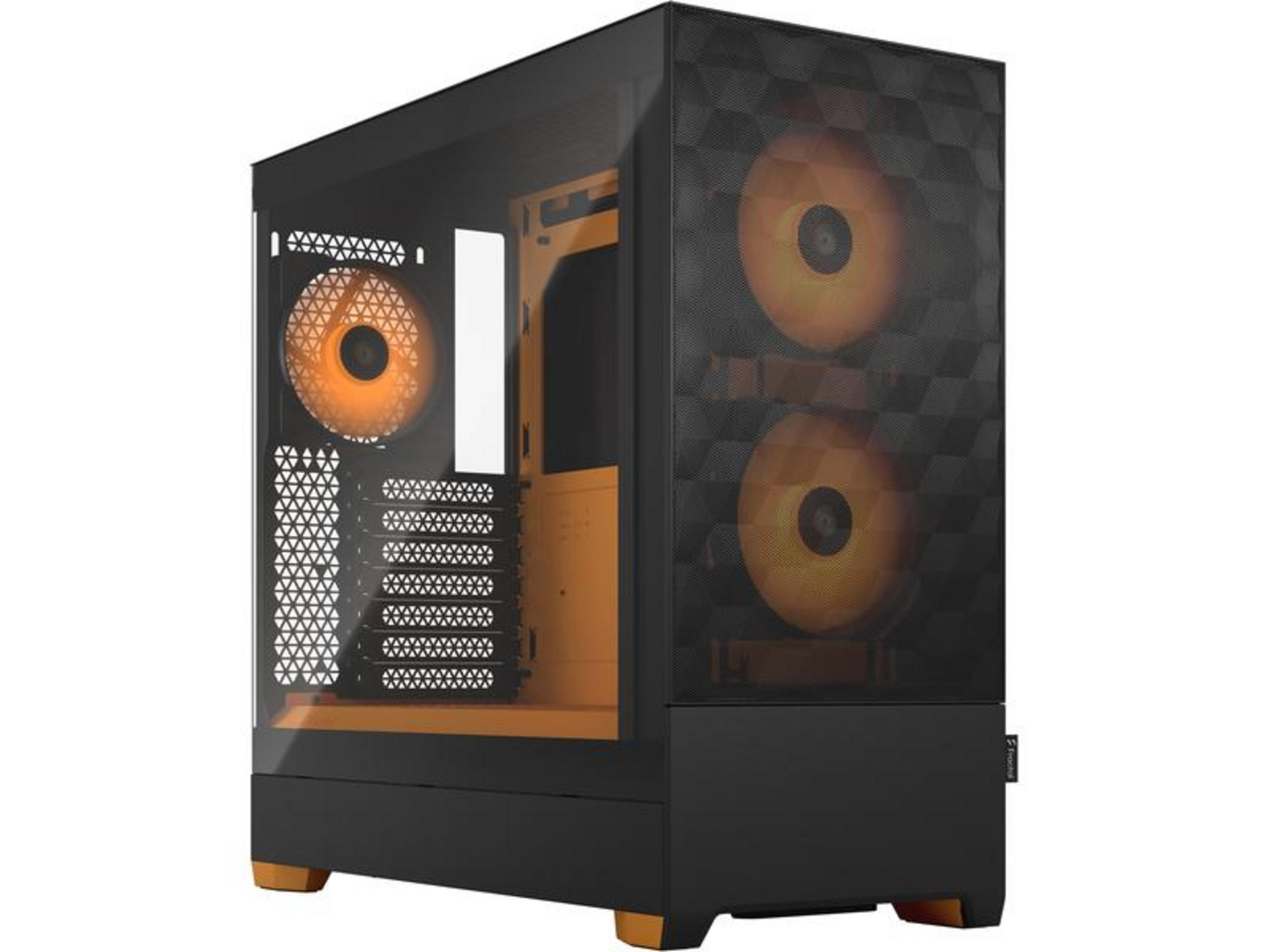 Un case per computer nero con ventole e accenti arancioni.