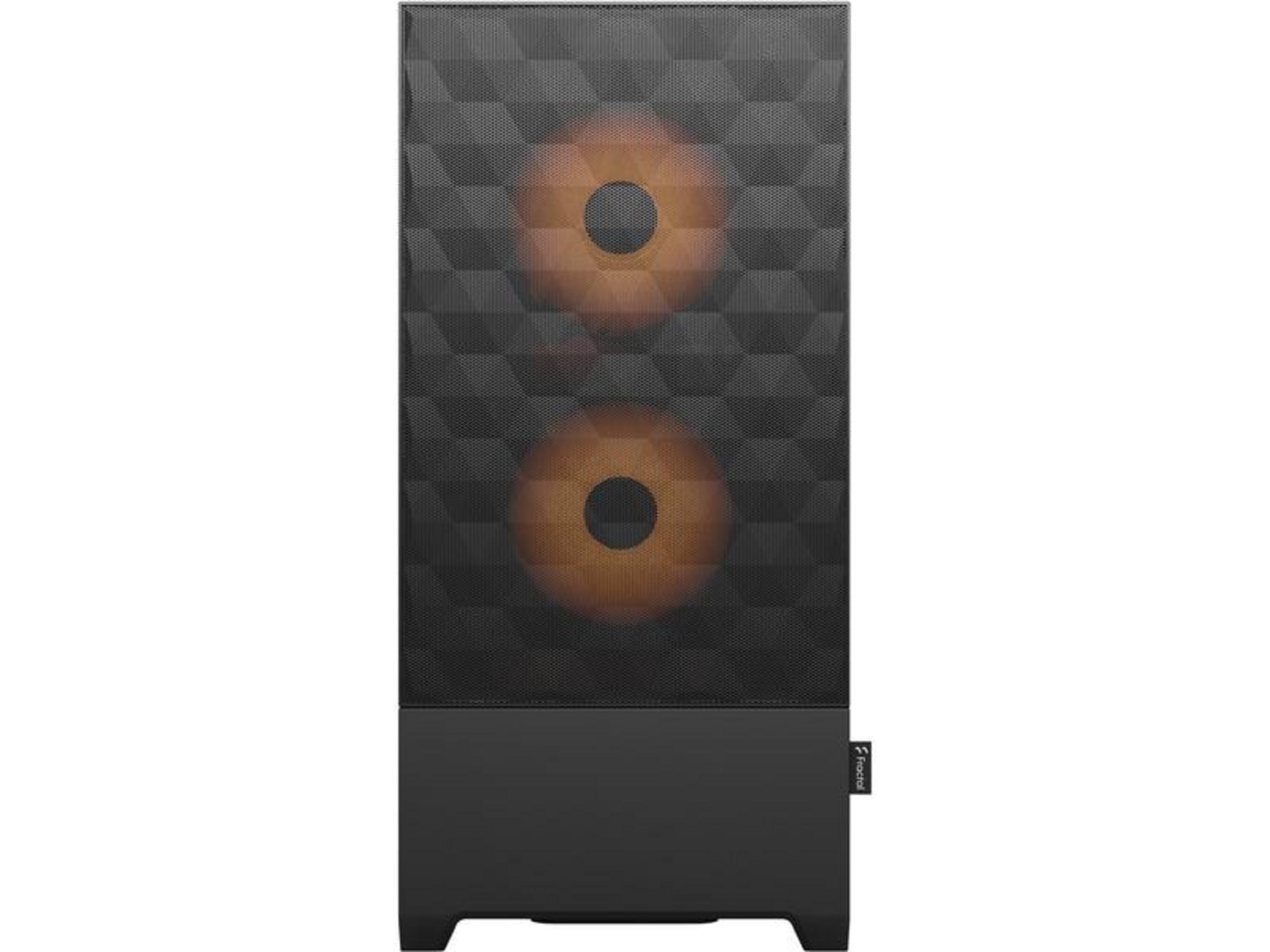 Case PC nero con due ventole arancioni luminose dietro una griglia geometrica.