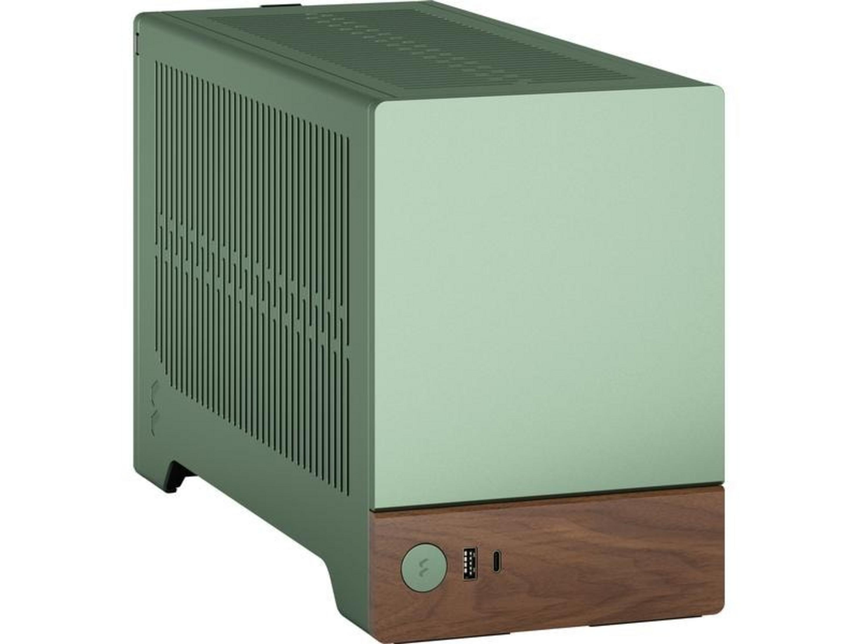 Una caja de ordenador verde claro con base de madera y puertos.