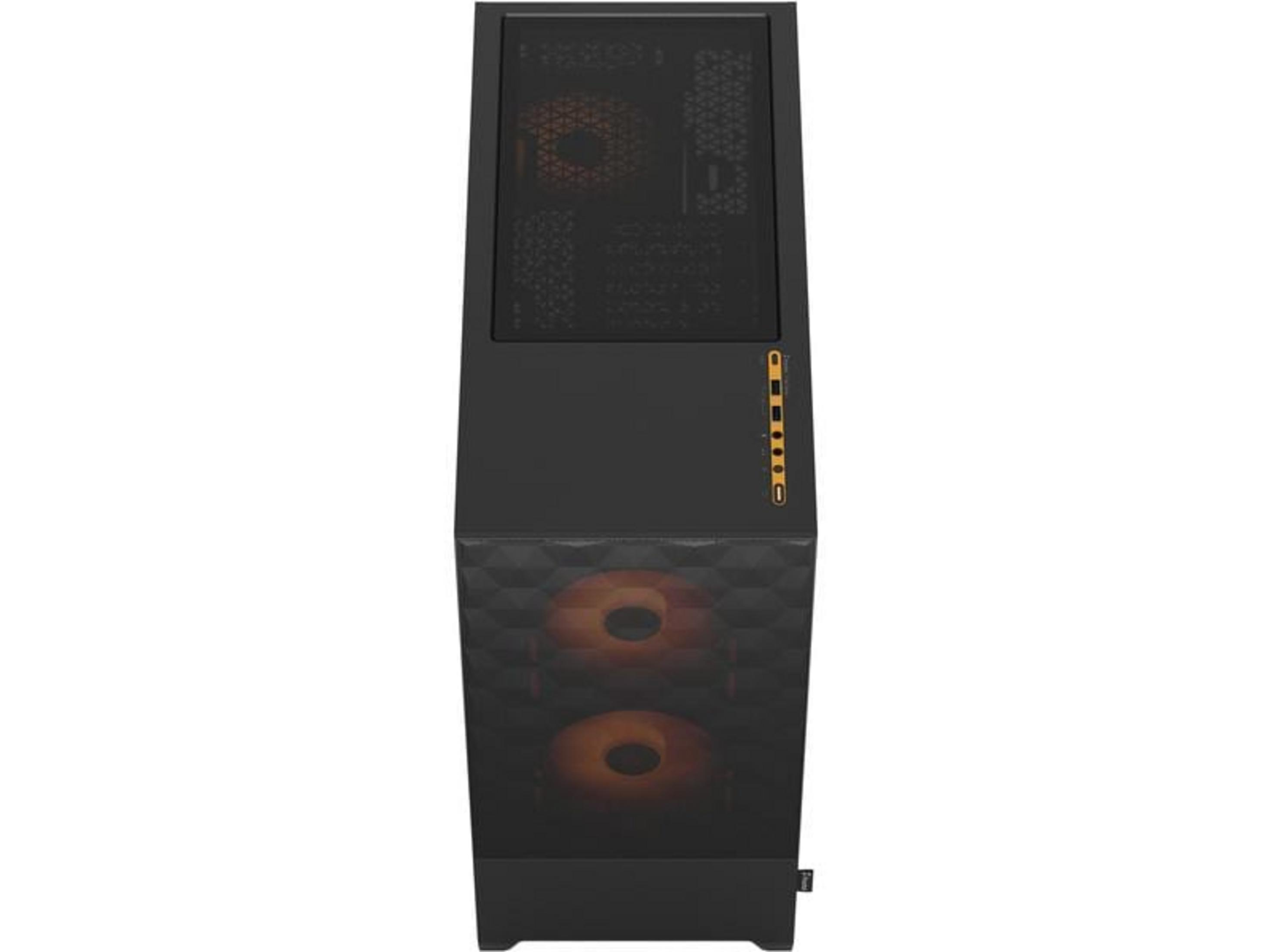 Case PC nero con ventole illuminate e controlli laterali.