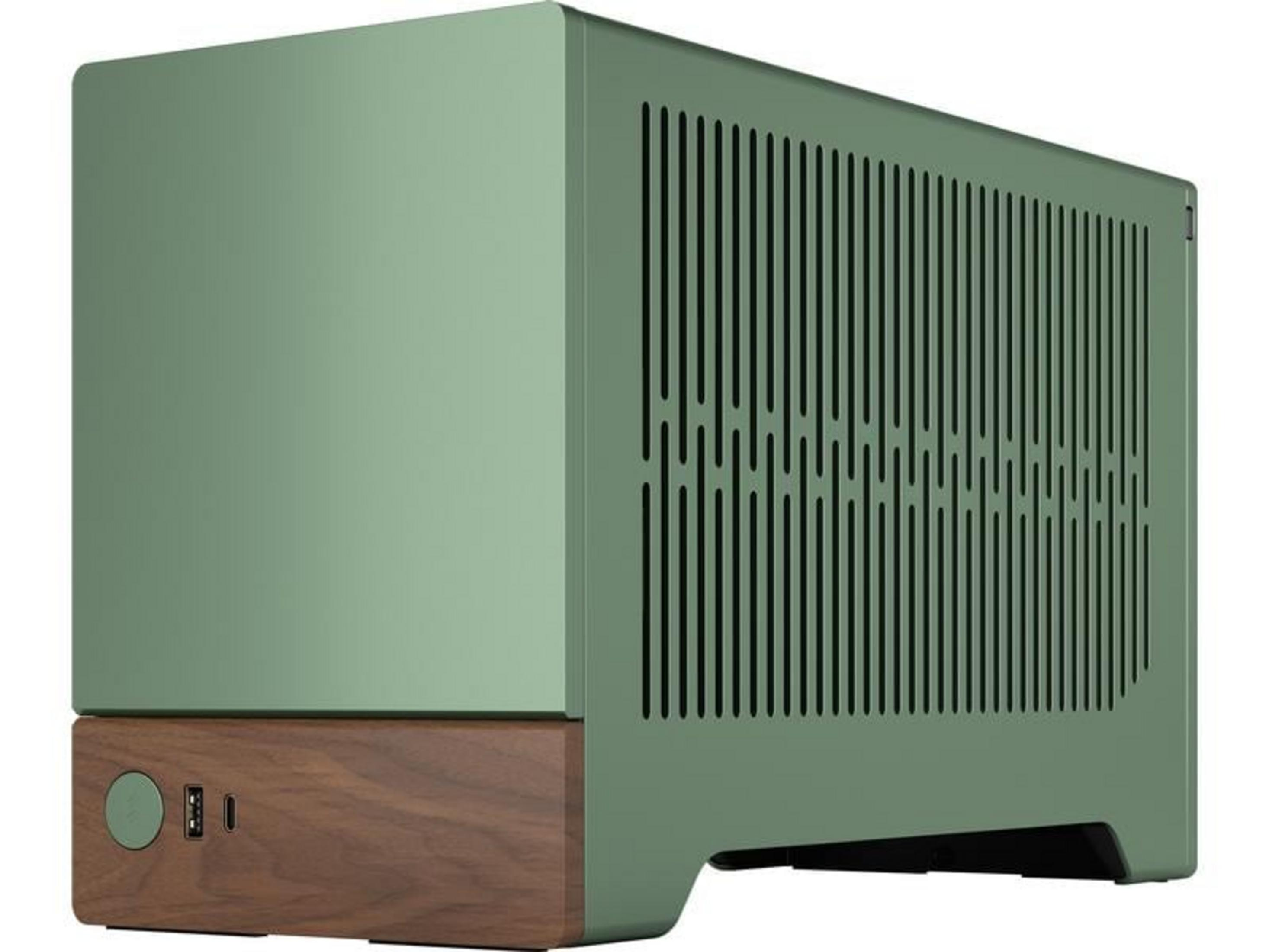 Una caja de ordenador verde con base de madera y ranuras de ventilación.