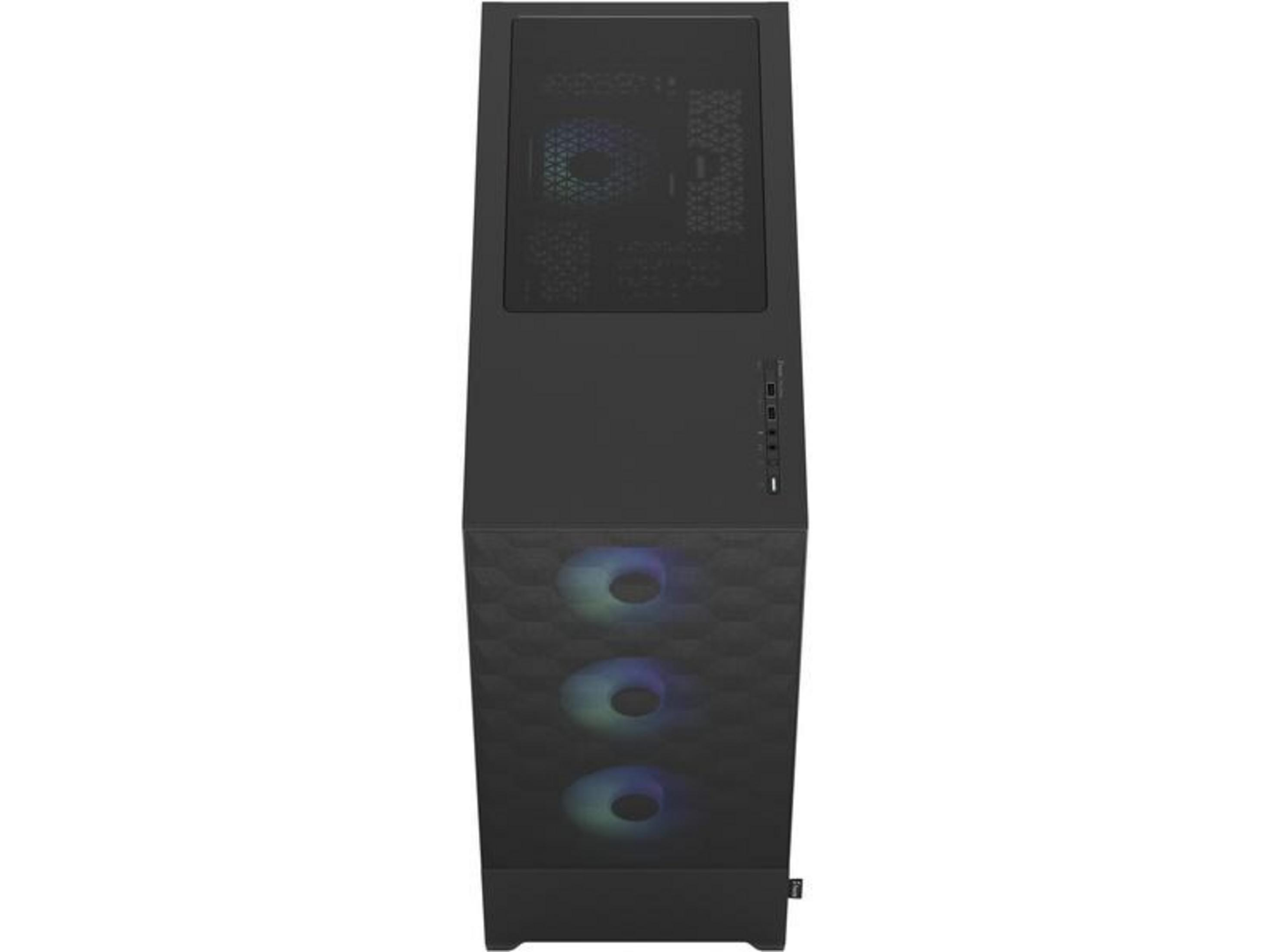 Czarna obudowa komputera z wentylatorami RGB i siatkowym panelem górnym.