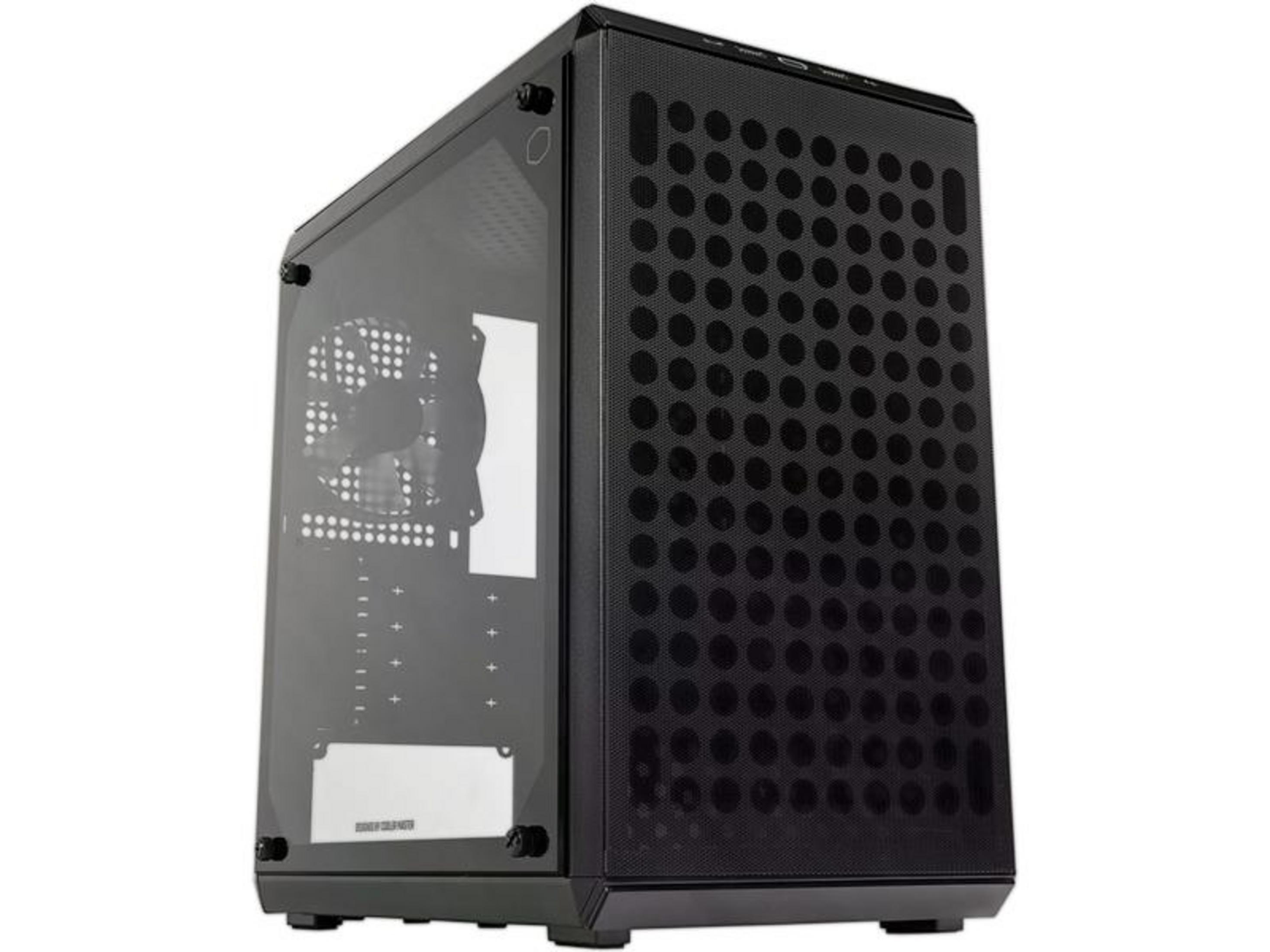 Case PC nero con pannello laterale in vetro e frontale forato.
