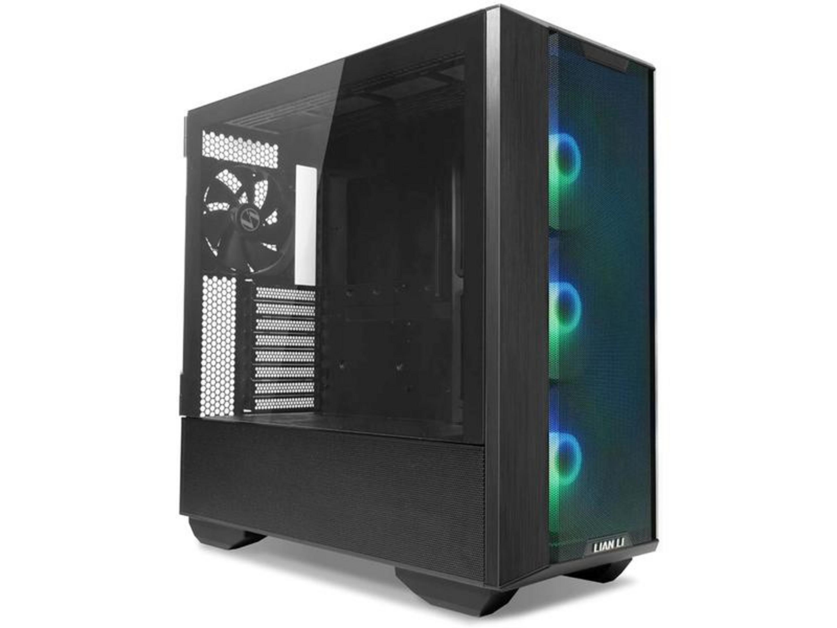 Czarna obudowa komputera z szklanym frontem i wentylatorami RGB.