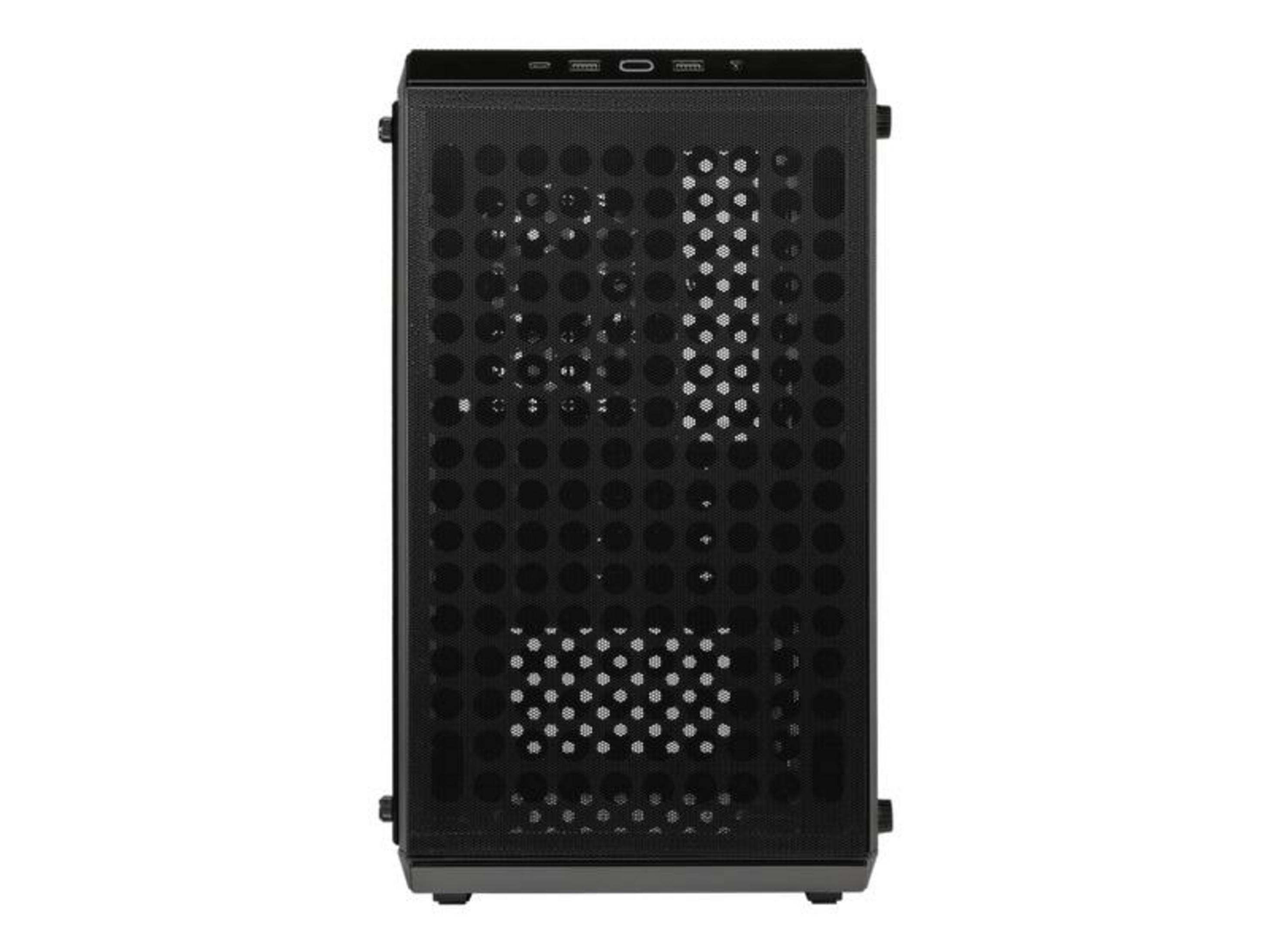 Case del computer nero con frontale traforato e porte visibili in alto.