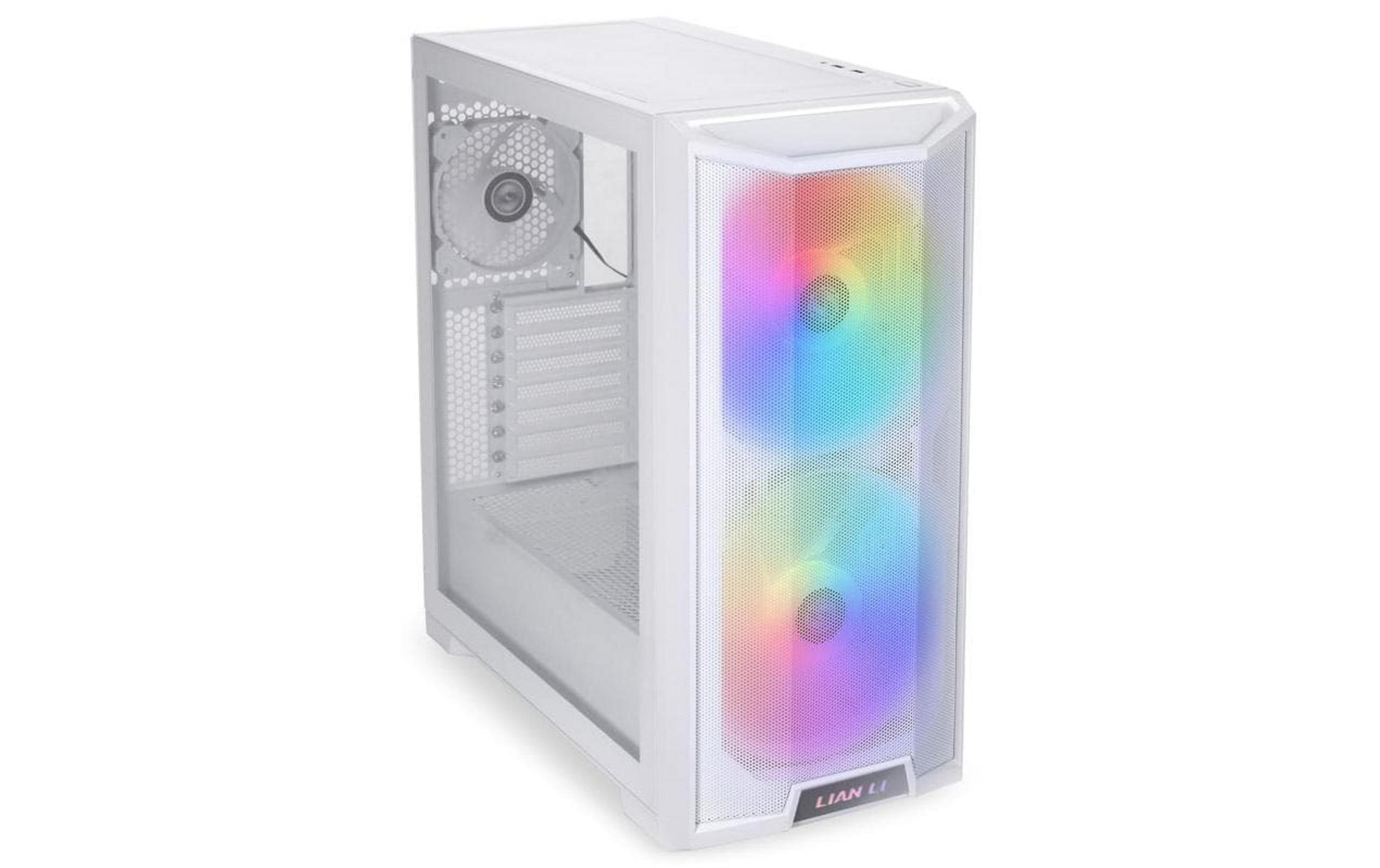 Weißer PC-Tower mit RGB-Lüftern und Glasfenster.