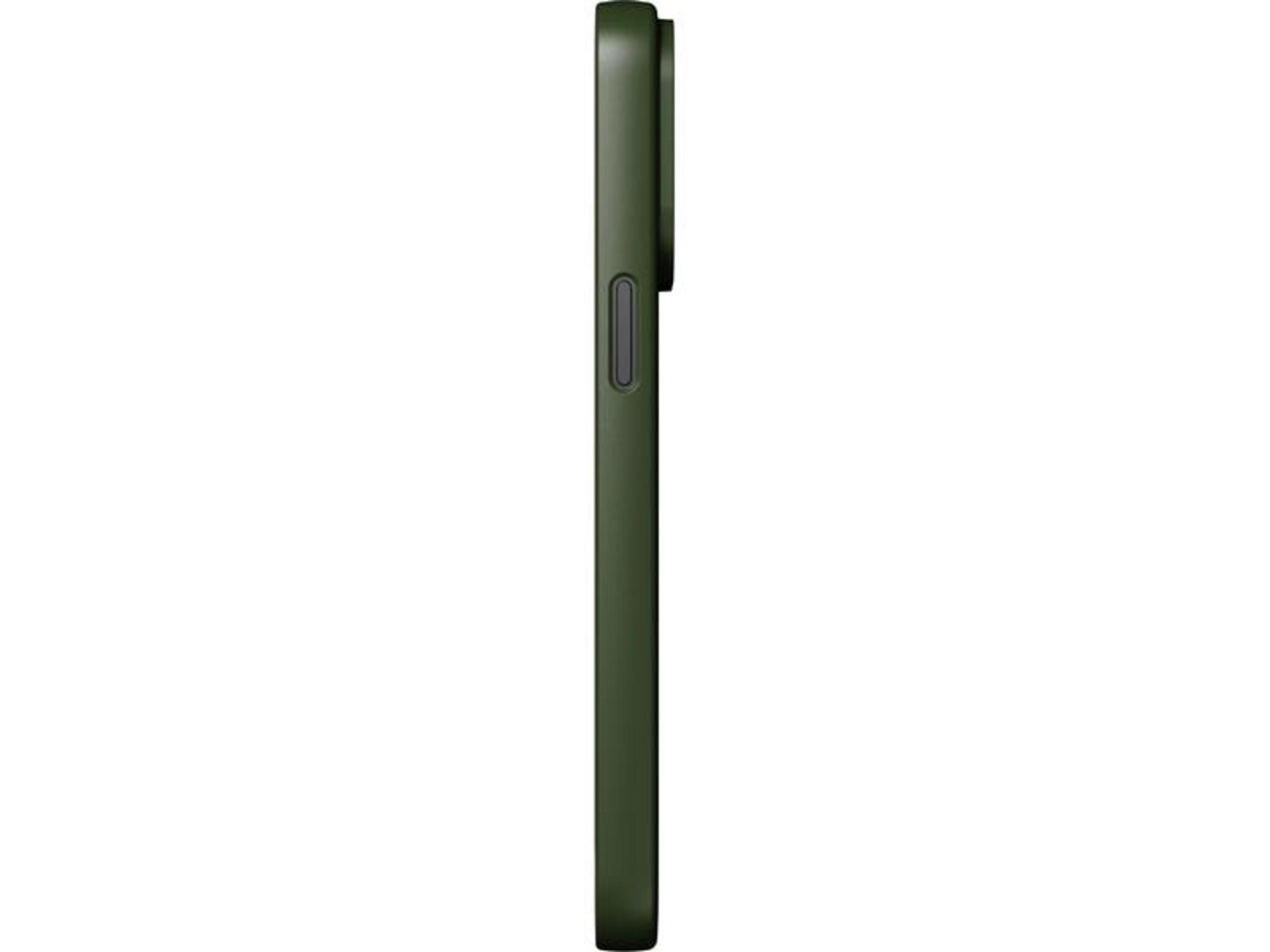 Donkergroene telefoonhoes in profiel op witte achtergrond.
