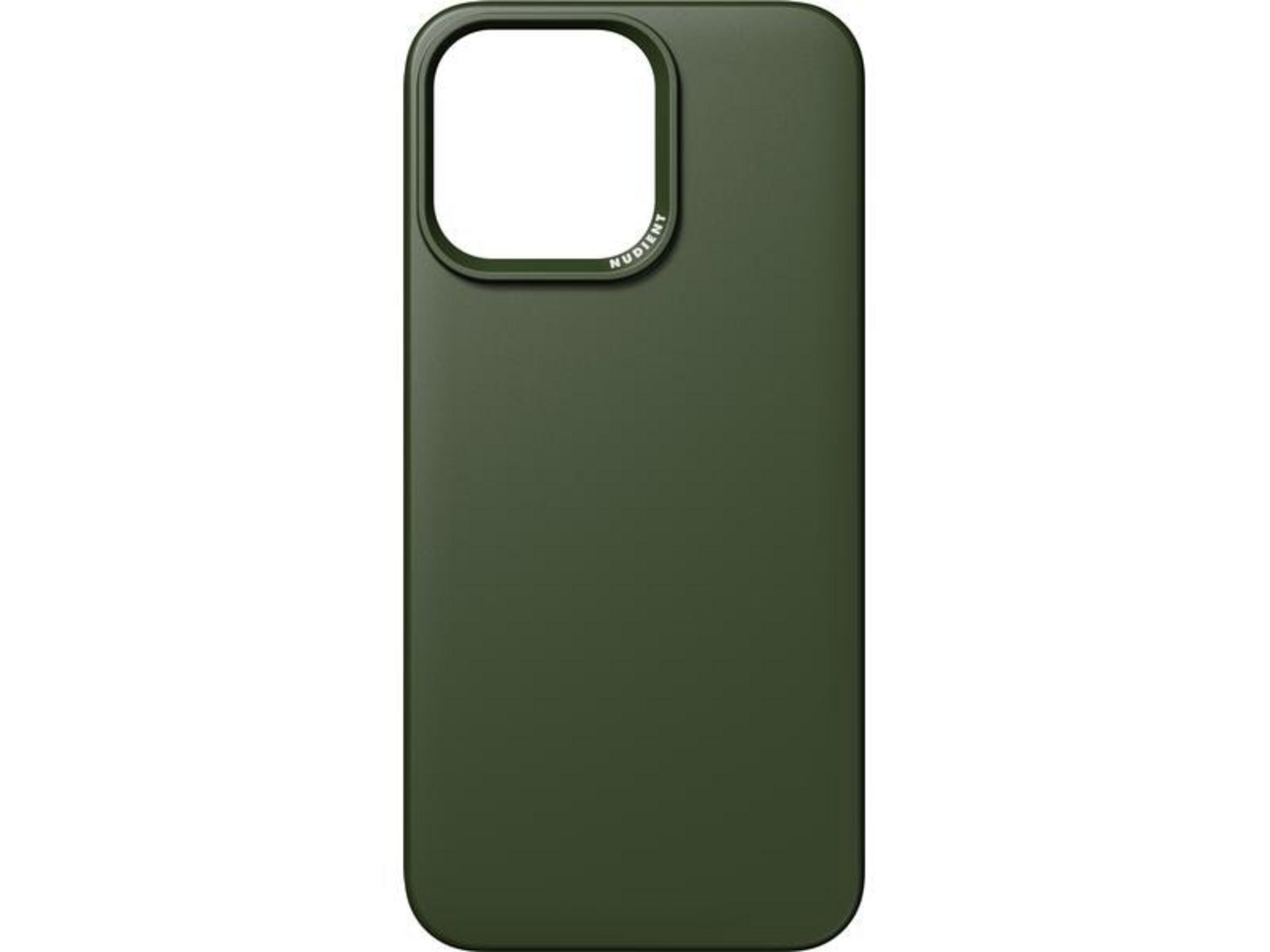 Donkergroene telefoonhoes met camera-uitsparing en logo.