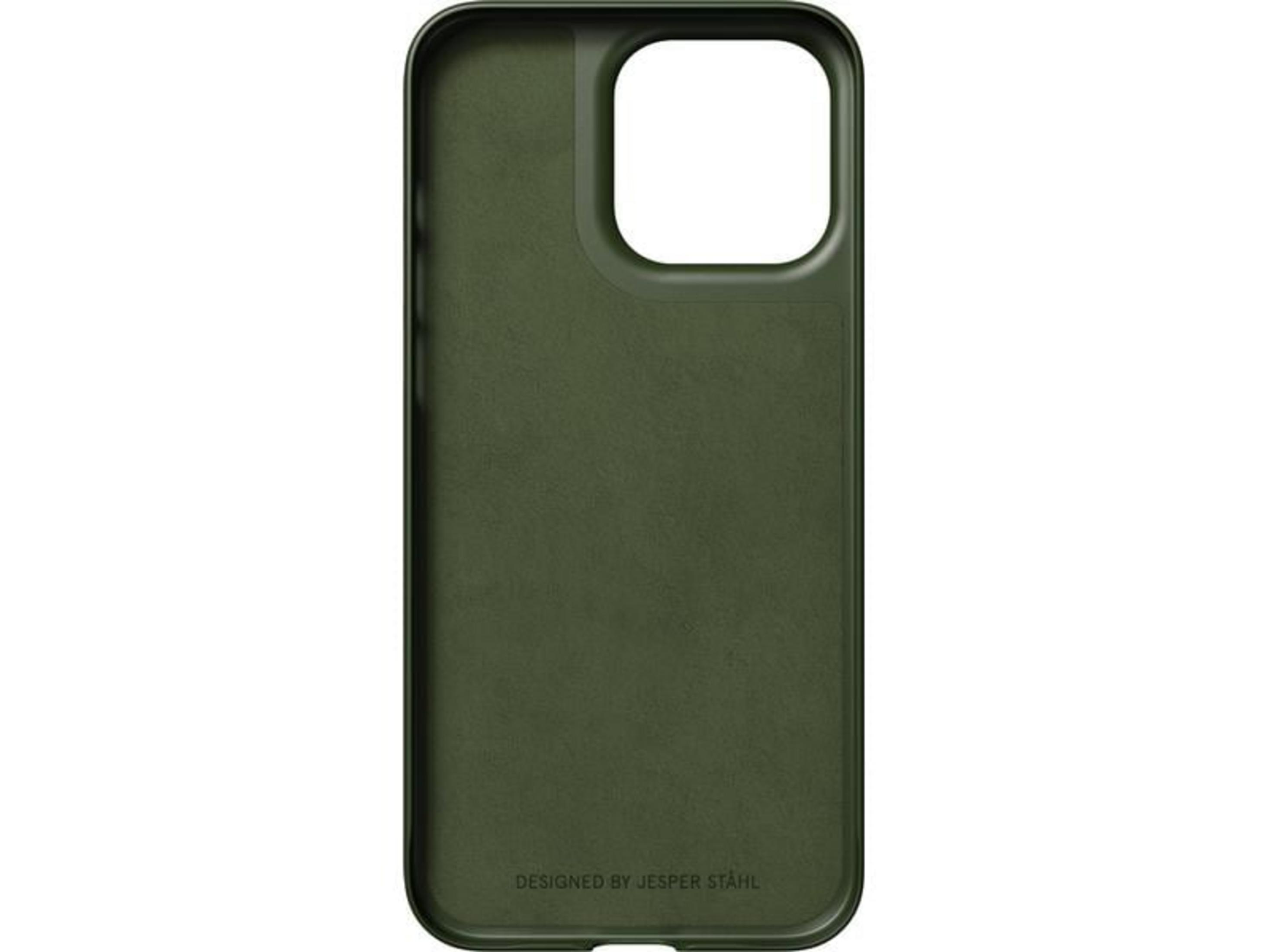 Groene telefoonhoes met camera-uitsparing en tekst.