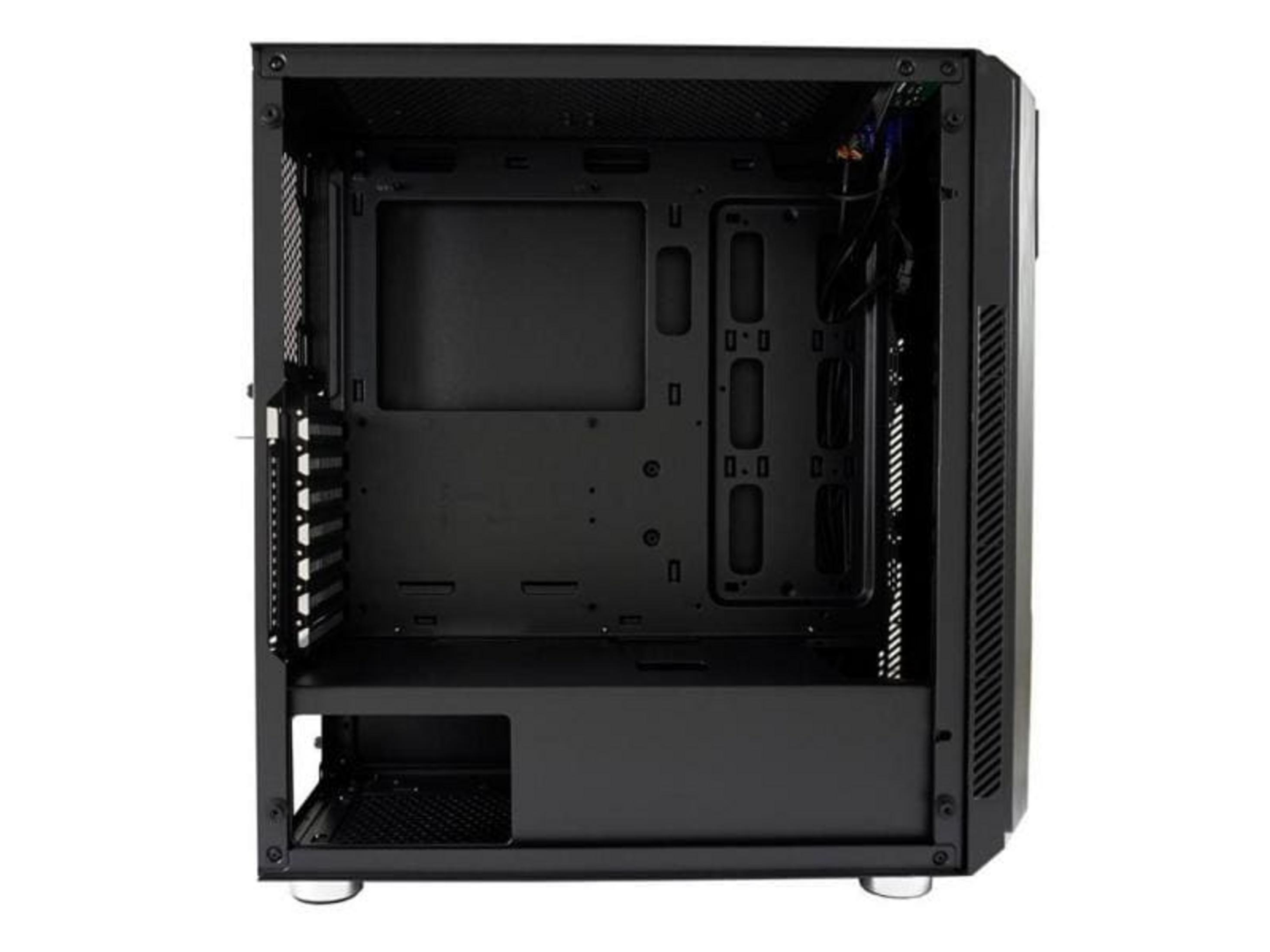 Ein leerer schwarzer PC-Gehäuse mit offenen Seitenwänden und sichtbaren inneren Komponenten.